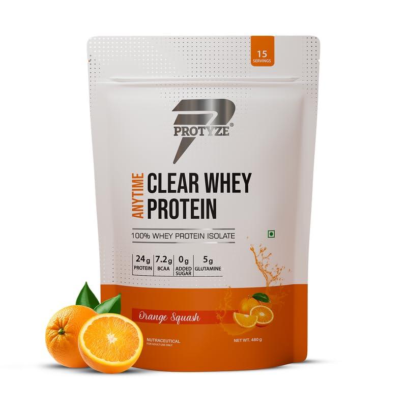 Protyze Protyze Anytime Clear Whey Protein | 24 g Protein/Scoop | 7.2 g BCAA | Gluten-Free | Low Carb | Light and Refreshing | Muscle Growth & Recovery (Orange Squash, 15 Servings)
