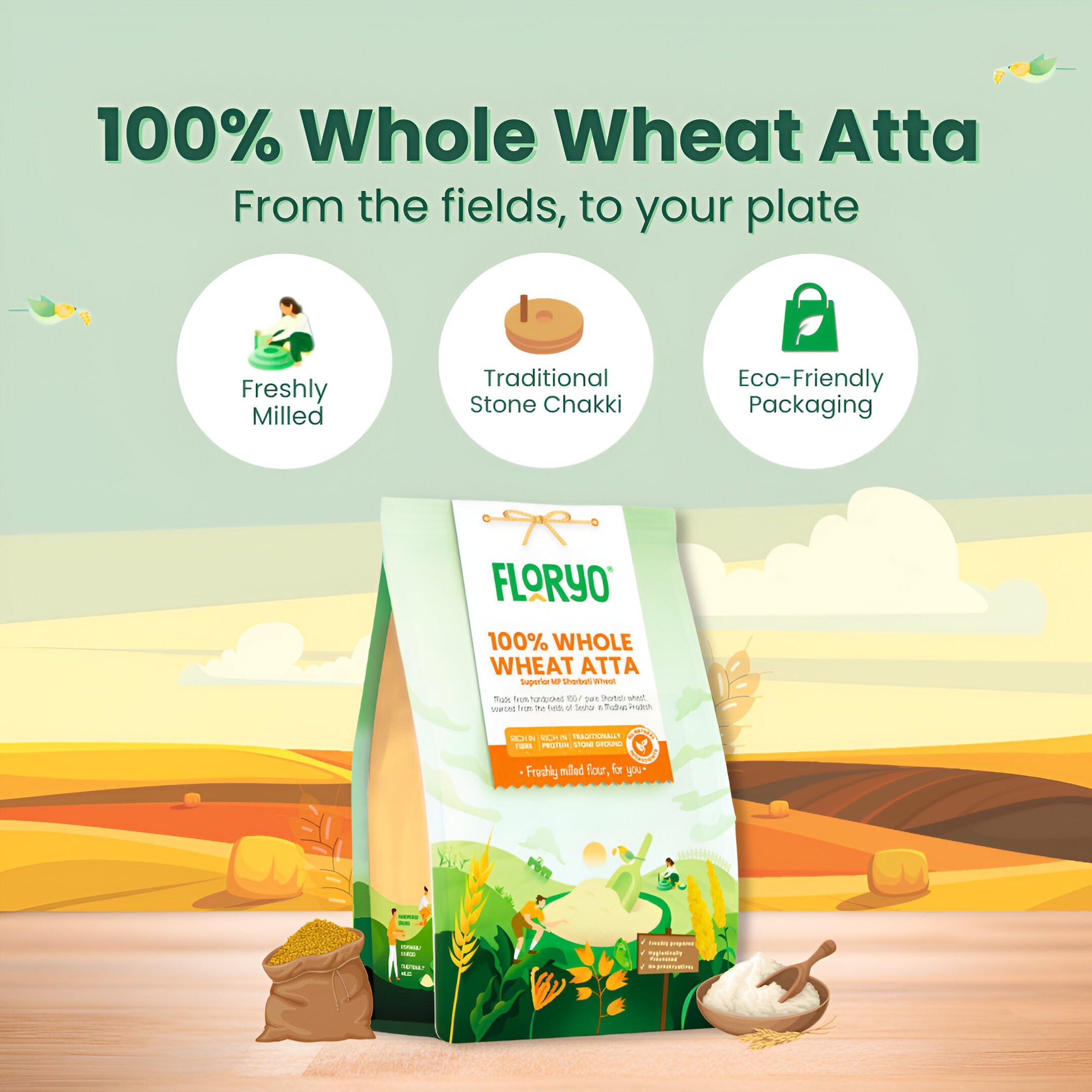 Floryo Floryo 100% Whole Wheat Atta (Superior MP Sharbati Wheat) | Coarse Texture | High Fibre | Freshly Milled After Order | Stone Grounded | 0% Maida | No Preservatives | 1Kg