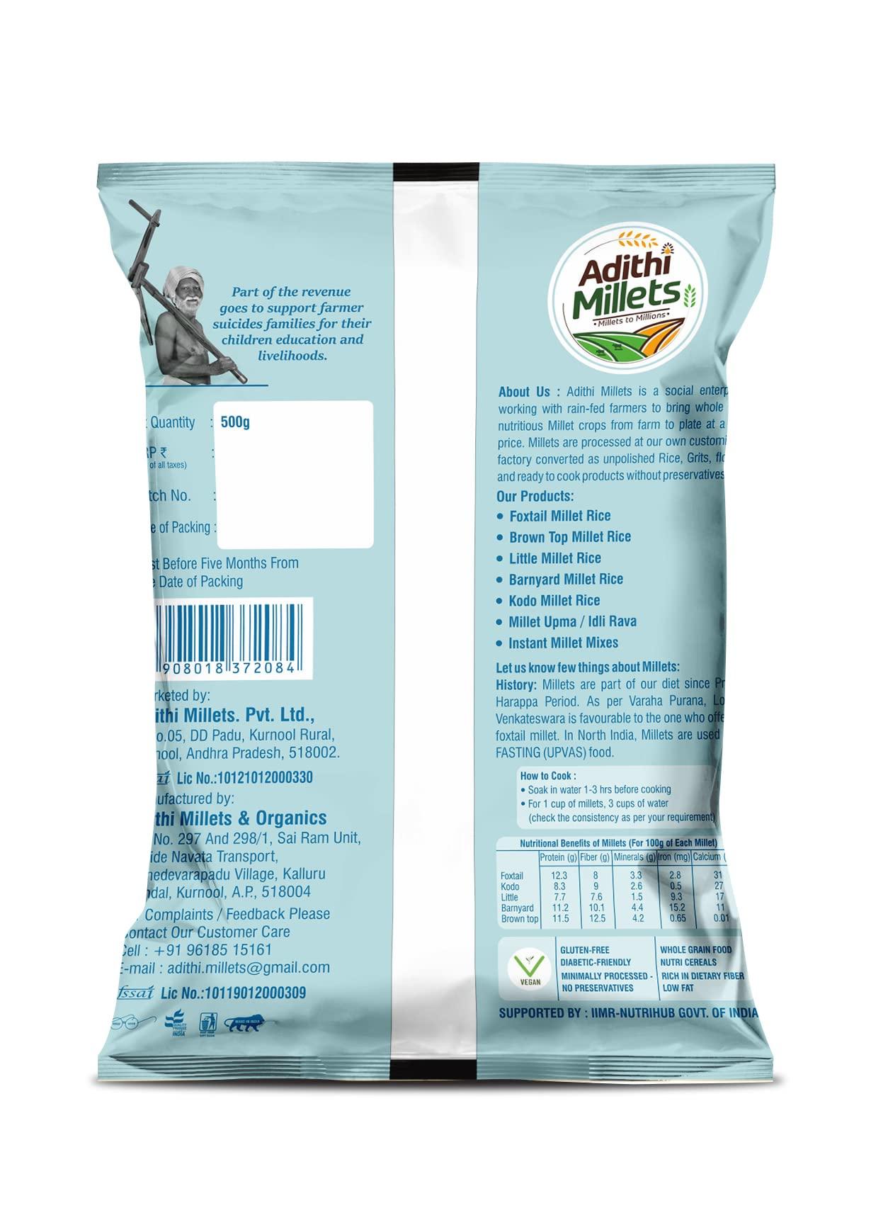 Adithi Millets Adithi Millets 1kg Kodo&Foxtail Millet 500gm 2packs whole grains organic Combo pack unpolished Siridhanya Millets Rice