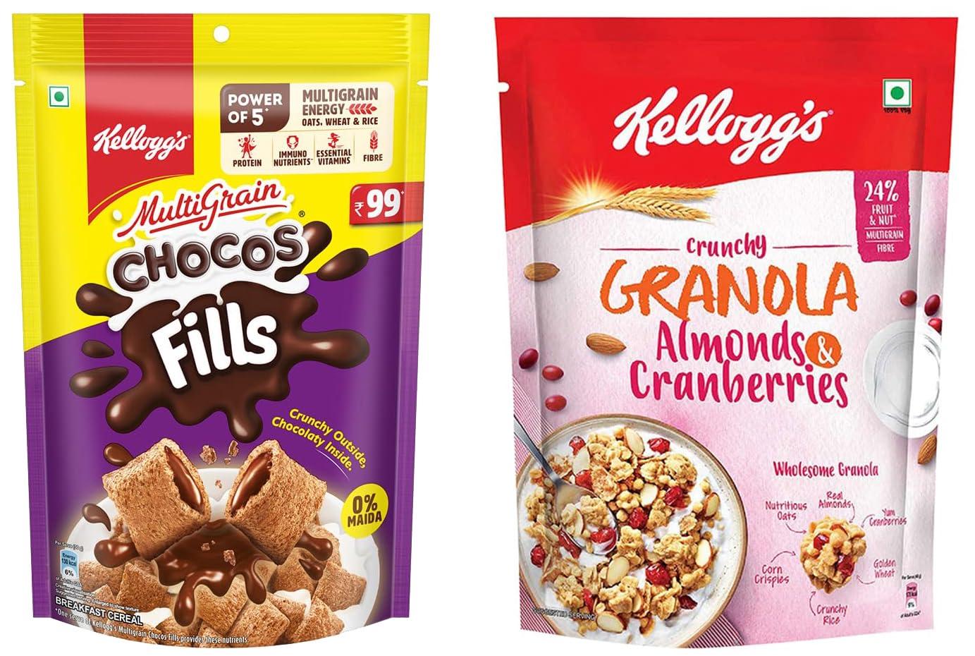 Kellogg\'s Kellogg\'s Crunchy Granola Almonds & Cranberries 140g 24% Multigrain Breakfast Cereal + Kellogg\'s Chocos Fills Double Chocolaty, 3 Grains: Oats, Wheat & Rice, Protein & Vitamin Rich, 0% Maida