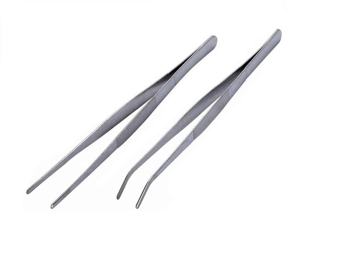 CHENSHUO Chenshuo Long Handle Stainless Steel Straight and Curved Tweezers Nippers,Silver,2 Pieces