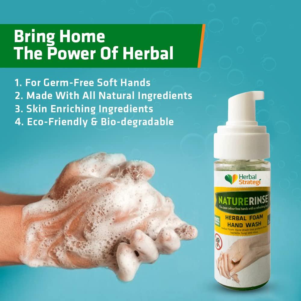 STRATEGI Herbal Strategi  Nature Rise Foam Hand Wash | 100% Herbal | Foam Hand Wash| Made with Lemongrass, Neem Oil, Lemon Oil, Tulsi Oil & Coconut Oil | Eco-friendly & Biodegradable | Skin Safe, Baby Safe & Pet-Friendly | 150mL (Pack of 2)