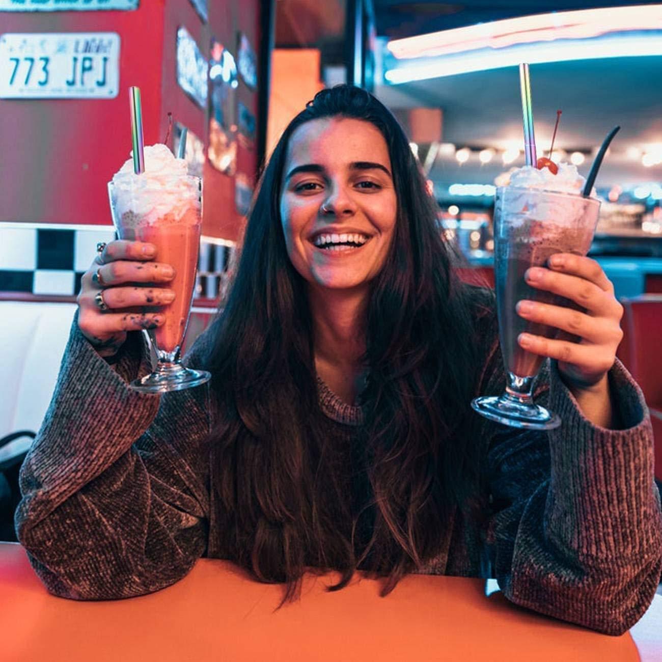 IKTU Iktu Telescopic Reusable Straws, Portable Stainless Steel Drinking Straw with Cleaning Brush and Storage Case, Folding Metal Straw for Travel, Home and Office (Silver + Rainbow)