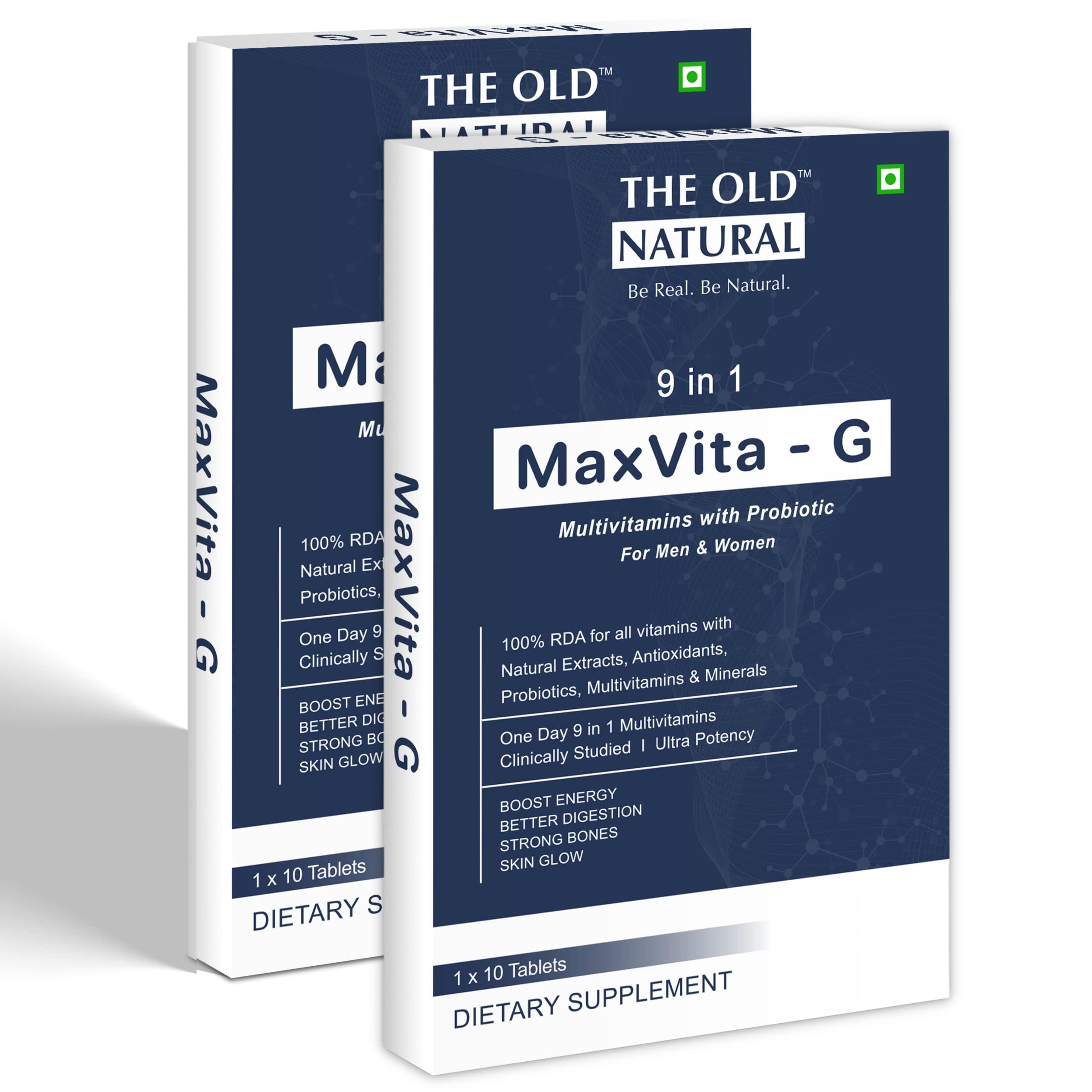 The Old Natural The Old Natural Maxvita -G Multivitamin with Probiotic 20 Tablets I Combination Of 9 In 1 Blends - Vitamins, Minerals, Prebiotic & Probiotic (Pack of 2 Strips - 20 Tablets)
