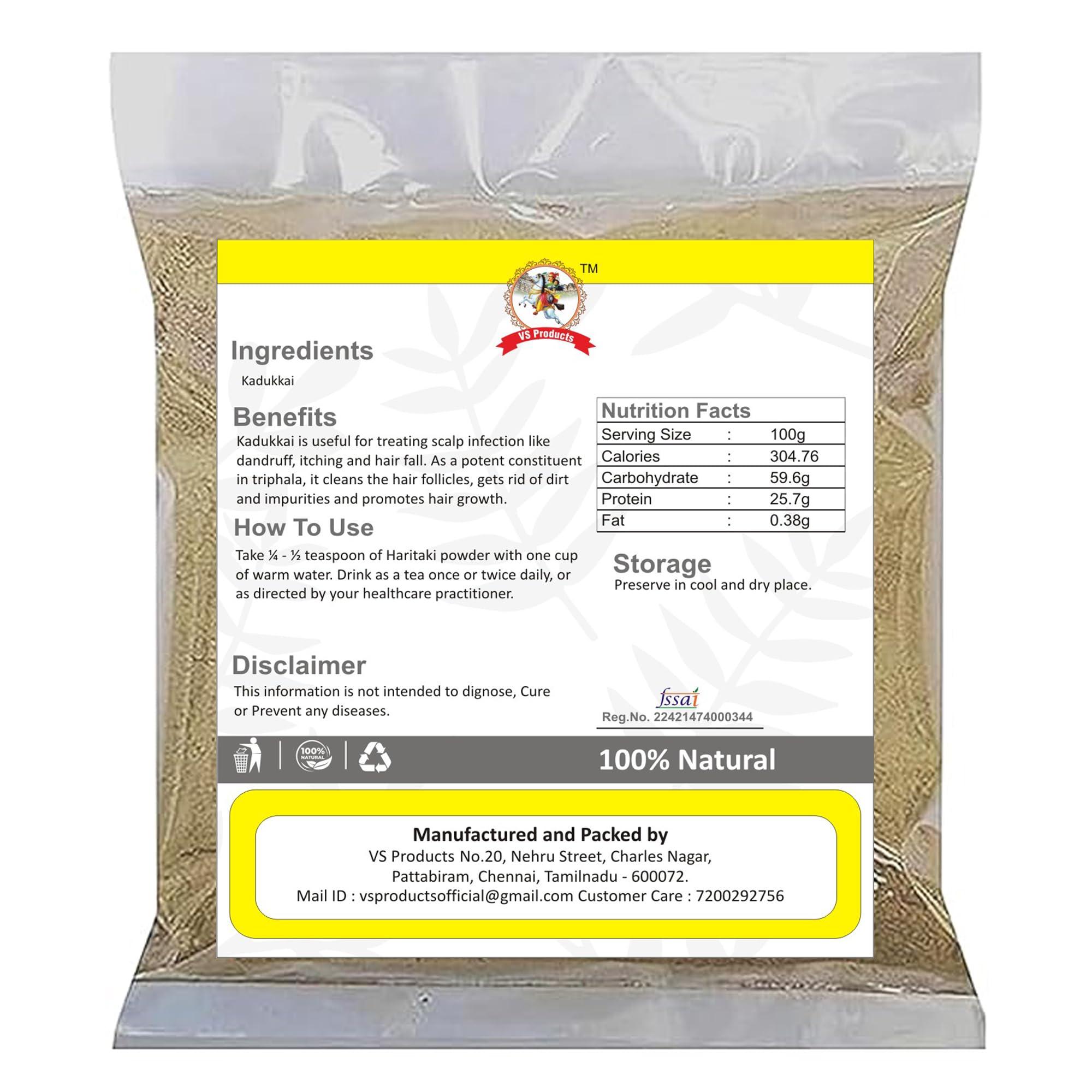 VS Products VS Products Kadukkai Powder, 250g, Haritaki Powder, Harad Powder, Terminalia Chebula,Karakkai, Black Myrobalans Powder, (pack of 2 x 100g, pack of 1 x 50g)
