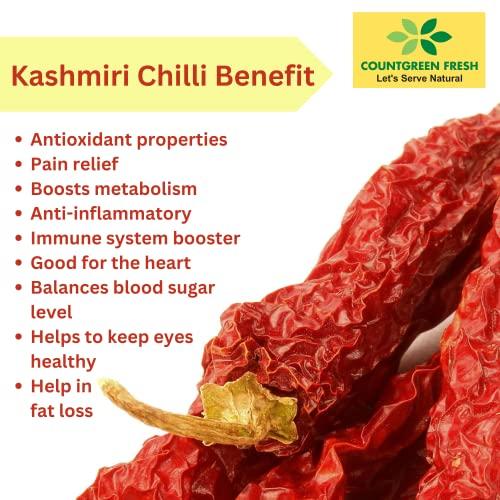 COUNTGREEN FRESH Countgreen Fresh Whole Dried Kashmiri Red Chili | Kashmiri Sukhi Sabut Lal Mirch | Hot Chilli 100% Organic - Ideal for Preparations Like Curries, Chutneys, Pickles, Soups and Other Dishes (100 g)