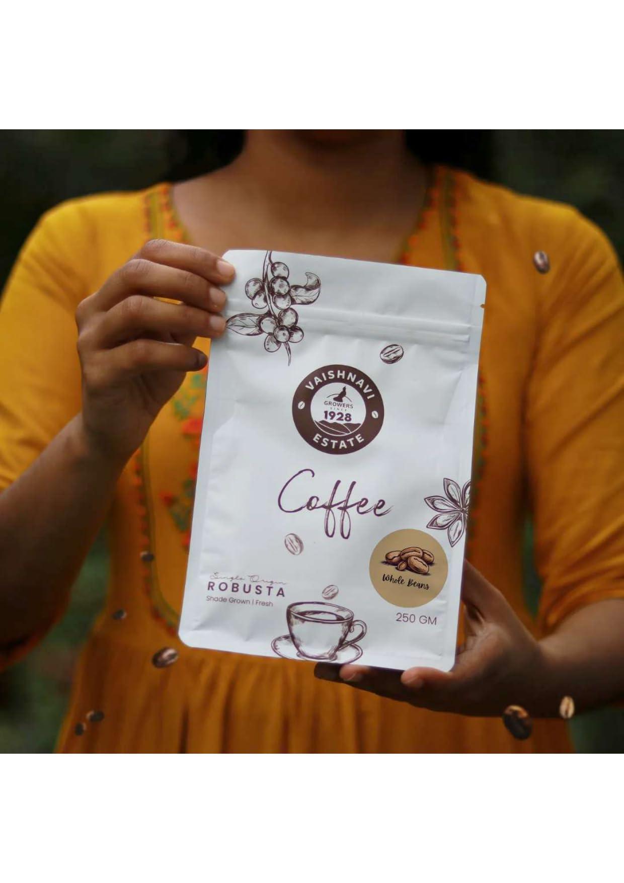 Vaishnavi Estate Vaishnavi Vegan Light Roast Robusta Single Origin, Shade Grown Fresh Coffee || 100% Pure Coffee || (Whole Bean, 250 grams)