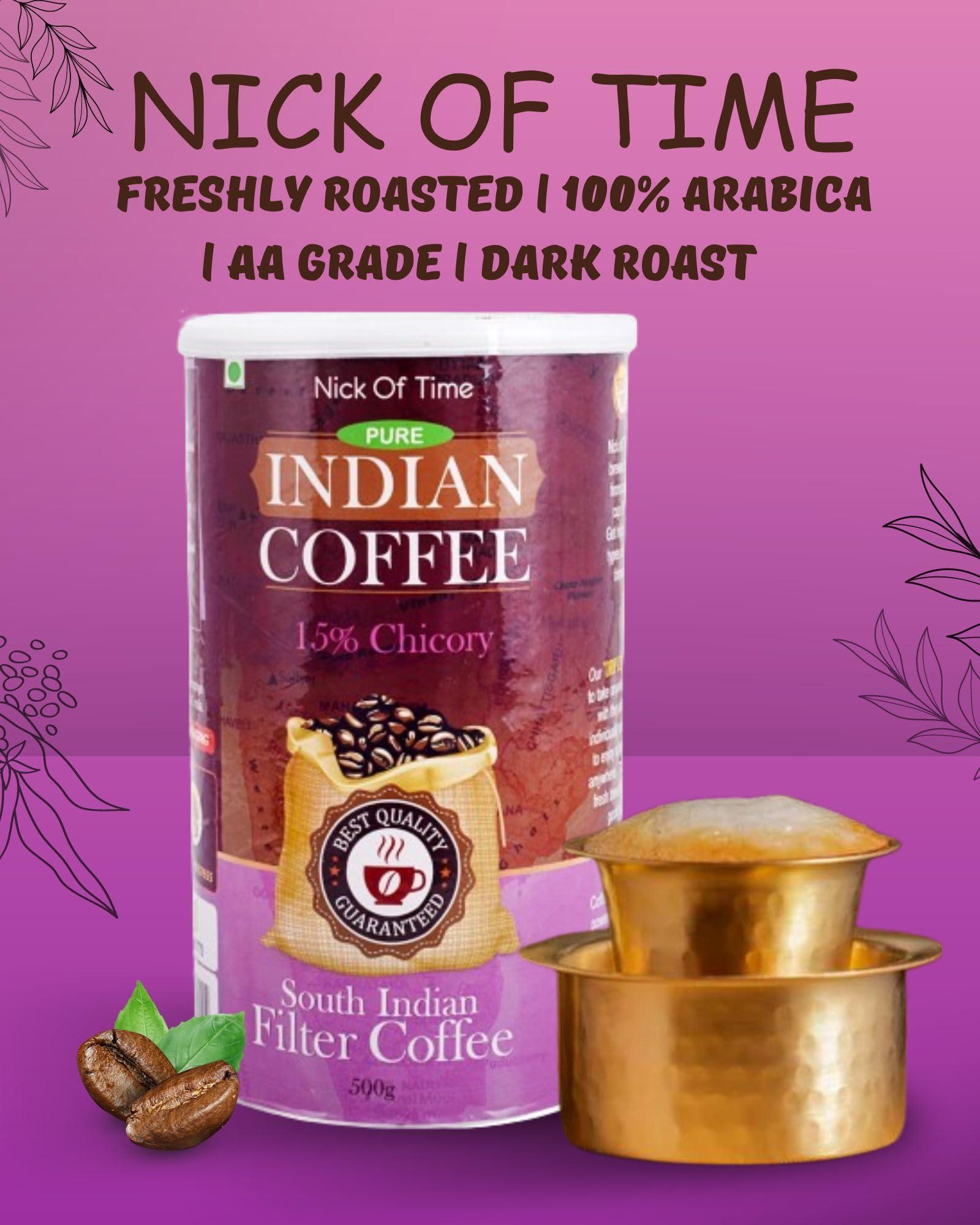 NICK OF TIME Nick of Time Traditional South Indian Chicory Filter Coffee Powder (85:15 Coffee Chicory Ratio) 100% Arabica AA Grade Dark Roast | Balanced Flavor & Aroma (500g|17.63 oz)
