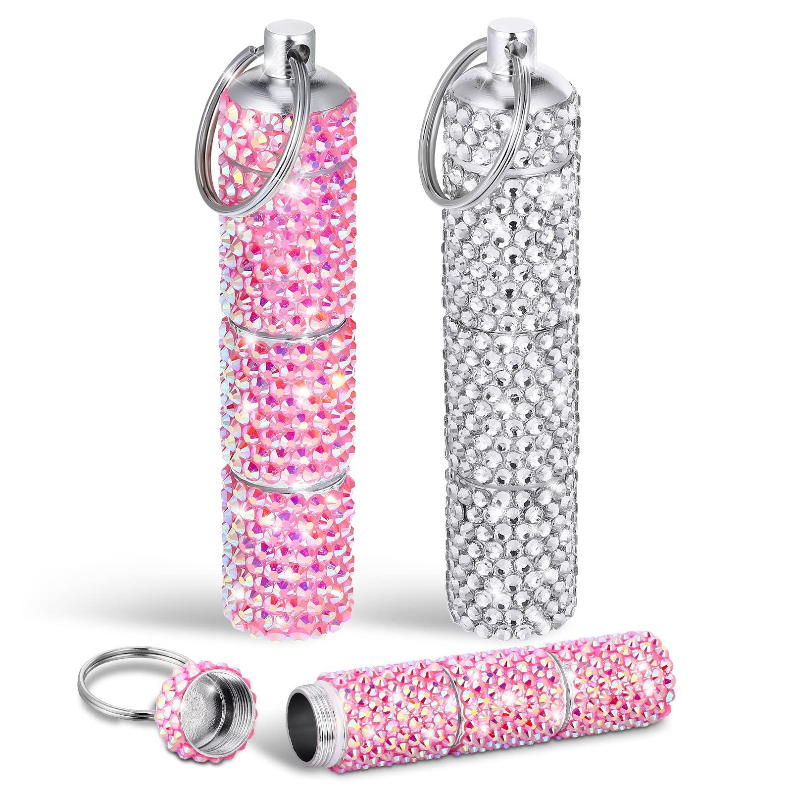Vesici Vesici 2 Pcs Bling Rhinestone Portable Pill Case with Keychain Small Fancy Container Glitter Waterproof Holder for Women Aluminum Bottle Reusable Outdoor Camping (Pink, White AB)