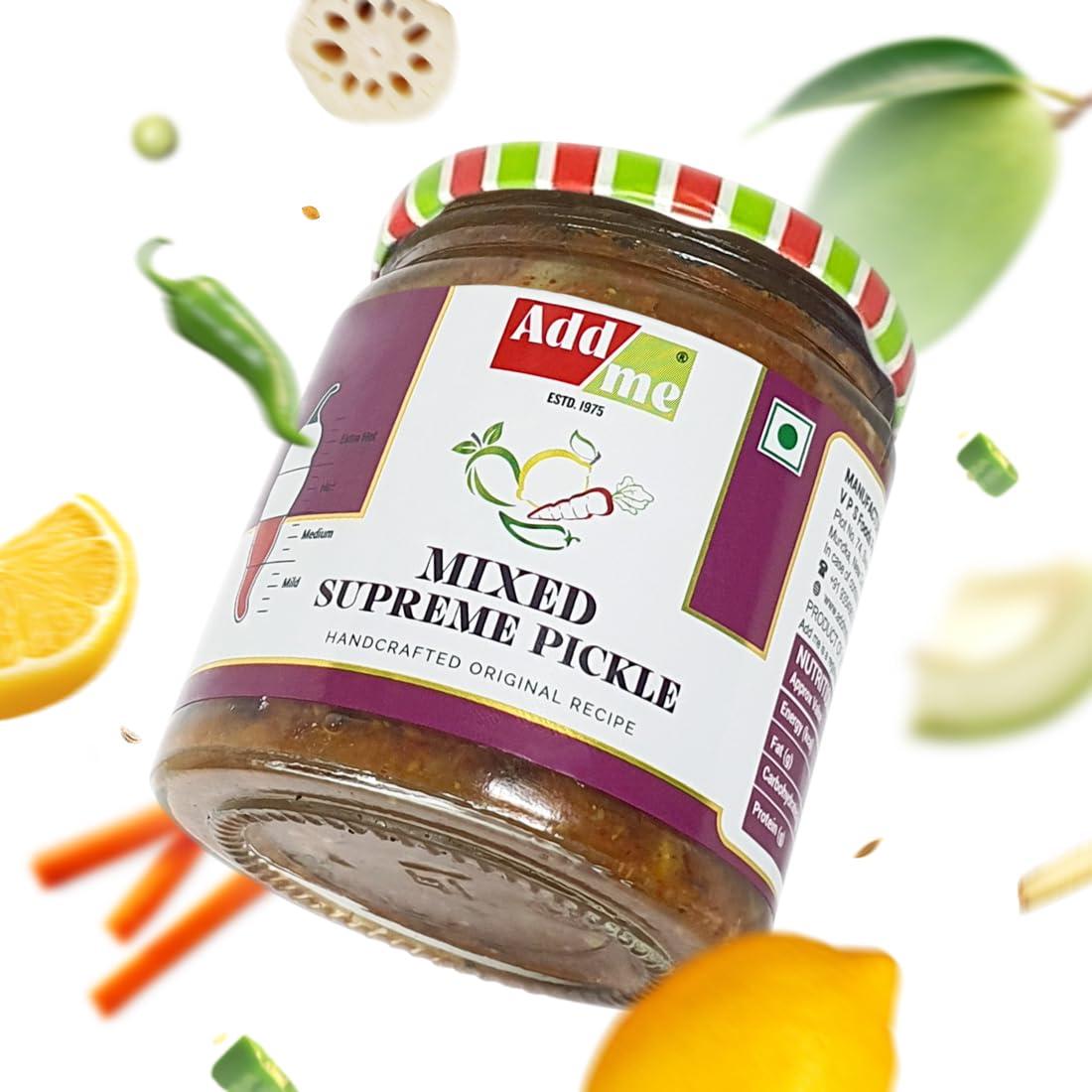 Add me Add me Homemade Rajasthani Mix Achar Mixed Supreme Mango Chilli Lemon Carrot ker Ginger karonda lasoda Fruit Pickle 200gm Glass Jar