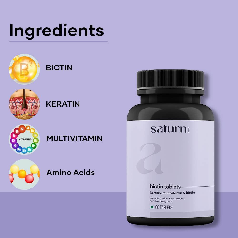 Saturn by GHC Saturn by GHC Skin Biotin - 100% Vegan, 60 Tablets (Pack of 1)| Promotes Skin Elasticity, Skin Brightening & Glowing Skin, Reduces Skin Dullness, Powered With Vitamin B7, Vitamin C and Vitamin E