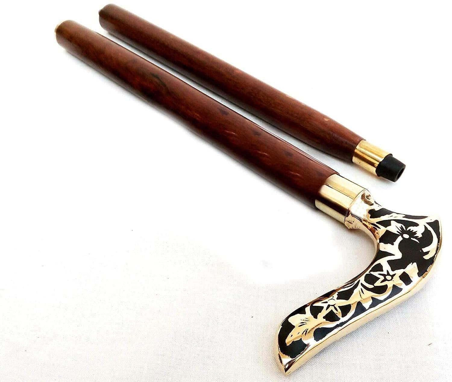 Rana Creation Mart Rana 2 Folding Wooden Walking Stick Cane with Brass & Metal Handle Cool Walking Cane Best Gift idea for him Men's Accessory Art Combo