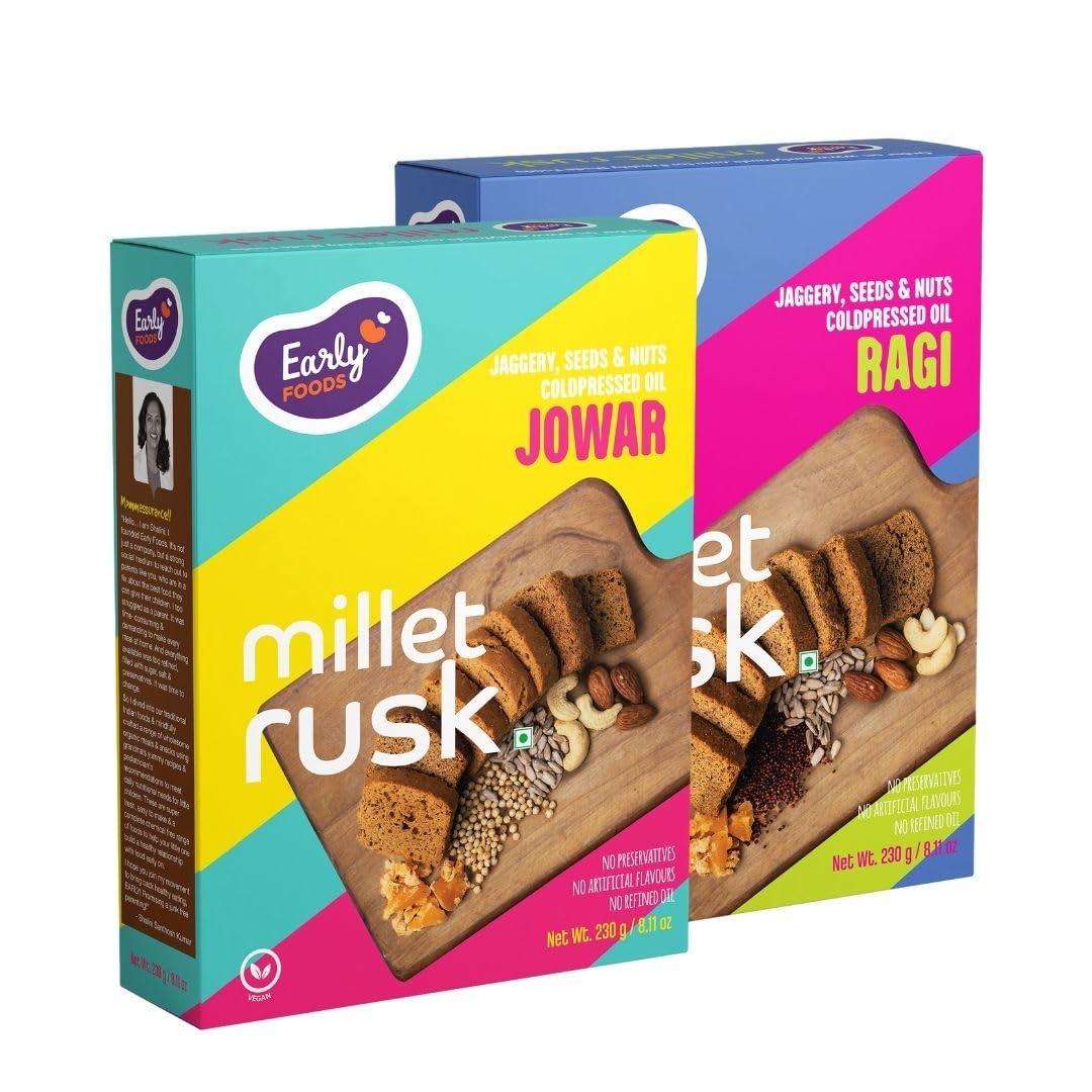 Early Foods Early Foods Assorted Pack of 2: ZERO MAIDA Ragi Rusk & Jowar Rusk | Sugar Free Millet Rusk with Jaggery | No Maida Rusk with Whole Wheat Rusk | Kids Snack | Tea Toast | Millet & Atta Rusk 230g x 2