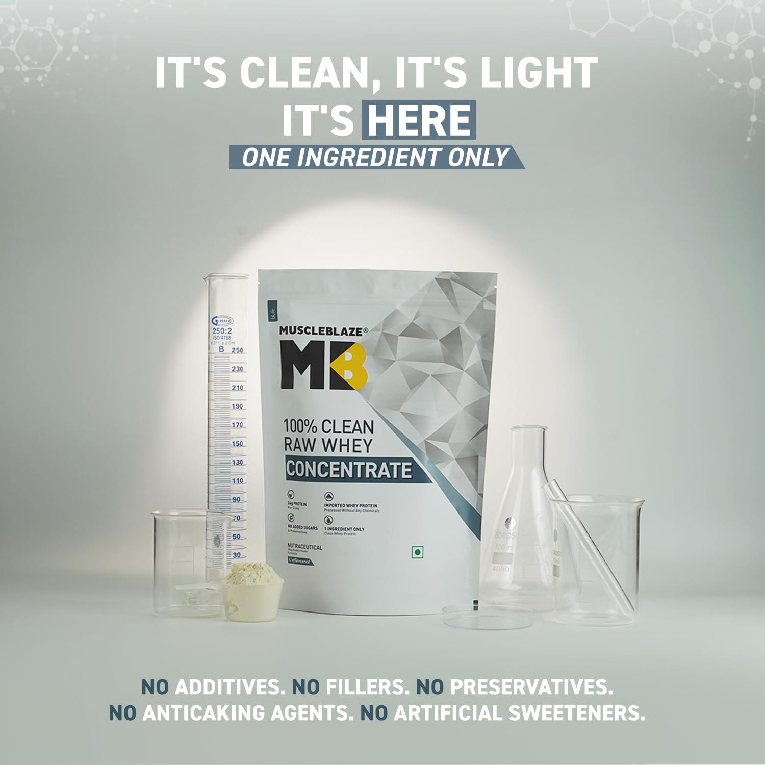 MuscleBlaze MuscleBlaze 100% Clean Raw Whey Protein Concentrate (Unflavoured, 1kg) | Easy to Digest