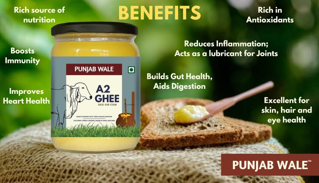PUNJAB WALE PUNJAB WALE A2 Ghee | Desi Gir Cow | Vedic Bilona Method | Cultured | Hand Churned | Made in Small Batches | Lab Tested| Glass Jar| Grassfed | Premium & Traditional Ghee | 500ml (Pack of 1)
