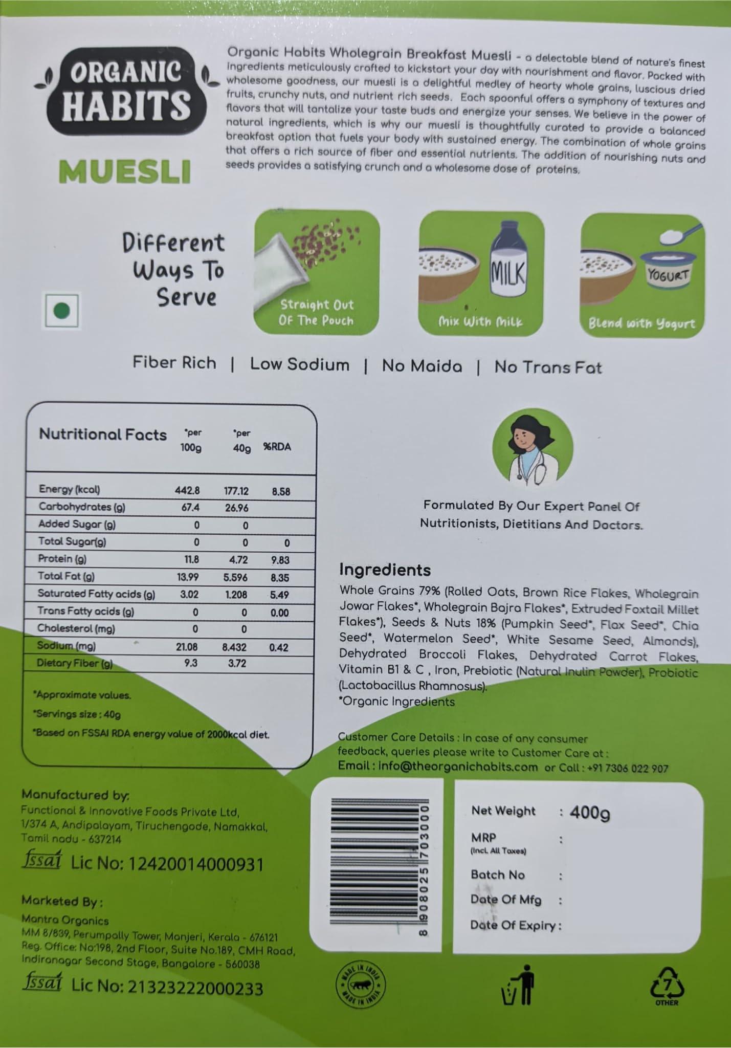 ORGANIC HABITS ORGANIC HABITS Muesli, Diabetic Friendly Breakfast Cereal With Fruit, Nuts, Seeds, Vegetables, Millets & Wholegrain | Source Of Protein And Vitamins B1 & C Probiotics Zero Sugar (400 G)