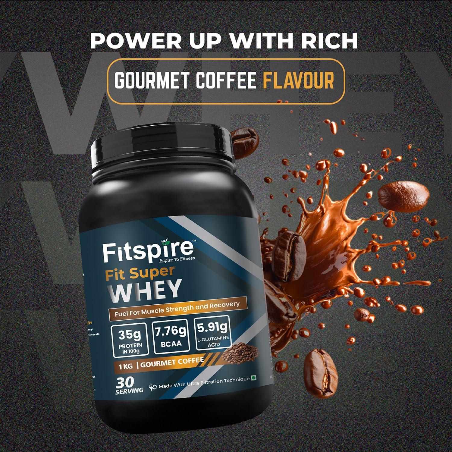 Fitspire Fitspire Fit Super Whey Protein For Men & Women | 36g Protein Per 100g Serving | 7.6g BCAA Ratio | 100% Whey Protein For Muscle Growth & Recovery - Pack Of 2 | (Gourmet Coffee)