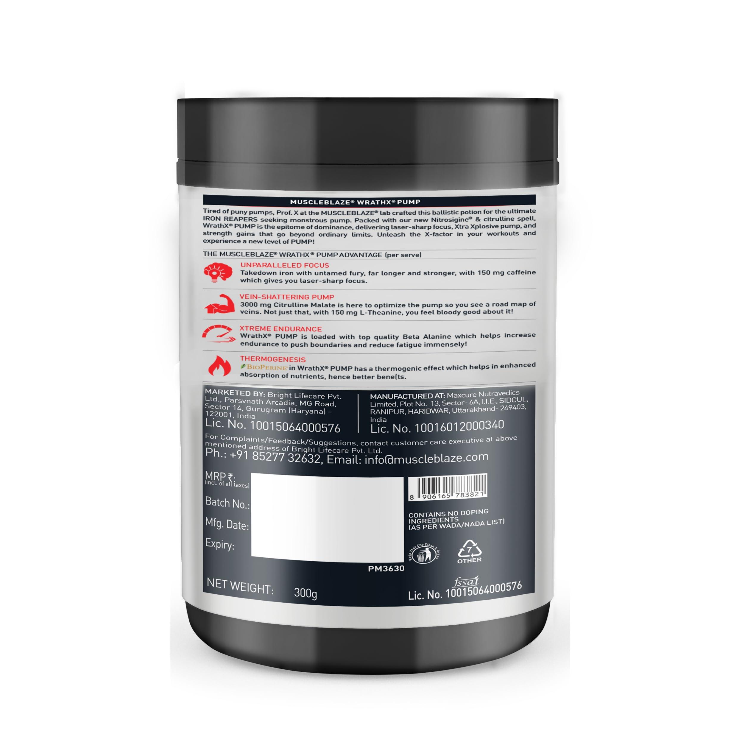 MuscleBlaze MuscleBlaze Pre Workout Wrathx Pump With Nitrosigine & L-Citrulline (Citrus Blast, 300G, Powder, 30 Servings)