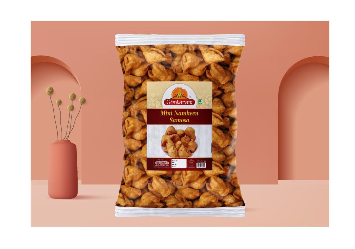 GHOTARAM Ghotaram Ready to Eat Snack Mini Samosa Indian Namkeen Nashta | Dal Samosa Baked Roasted Moong Mung Dal Samosa Triangle | Mini Samosa for Evening Tea Time Snack Fry in Peanut oil-1Kg*6Pack