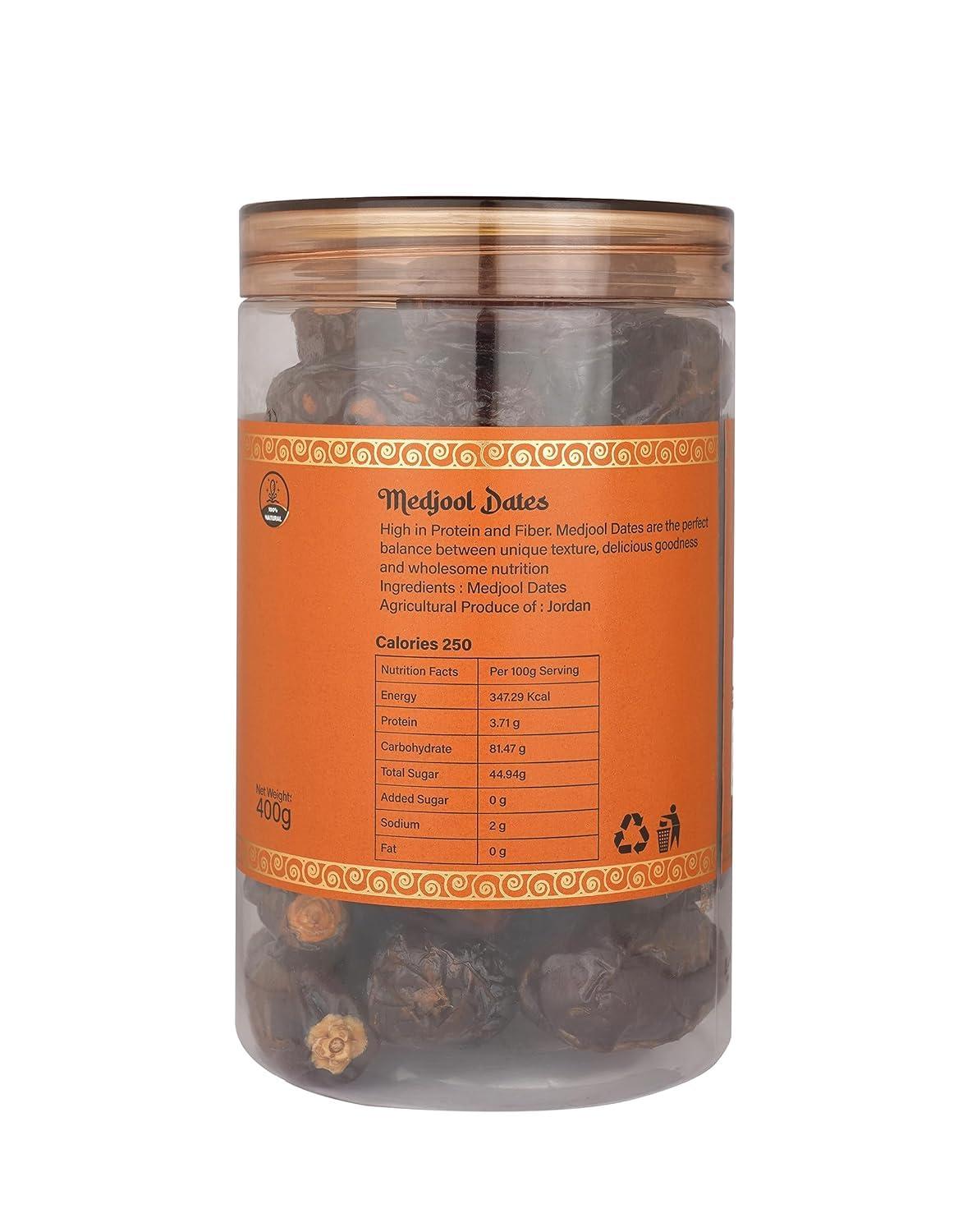 SAFEENA Safeena Jumbo Seedless (Pitted) Medjool Dates 400G | 100% Natural | No Added Sugar | No Preservatives | Gluten Free | Vegan | Non-Gmo | Khajur | Khajoor | Instant Energy | Rich In Calcium & Iron |Seedless| Fresh | Juicy & Delicious | Naturally Sweet