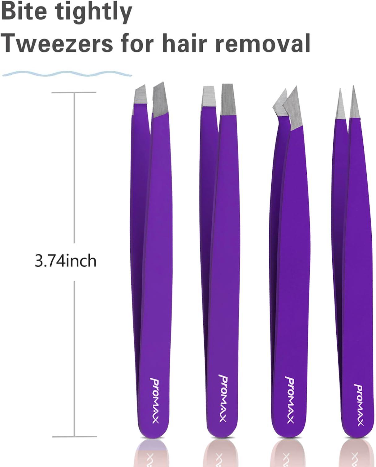 PROMAX Promax Care EyeBrow 4-piece Tweezers Set;-for Eyebrow Plucking, Ingrown Hair -Best for Eyebrow Hair, Facial Hair Removal,Splinter - Stainless Steel Precision Sharp- Pointy Ends Meet Perfectly (Purple)