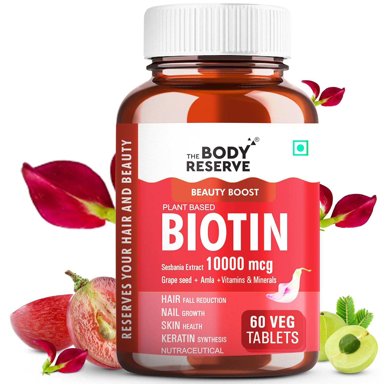 The Body Reserve The Body Reserve Plant-Based Biotin Tablets - 60 Veg Tablets, Biotin from Sesbania Extract with Amla & Grapeseed - Supports Hair, Skin, and Nails - For Men & Women