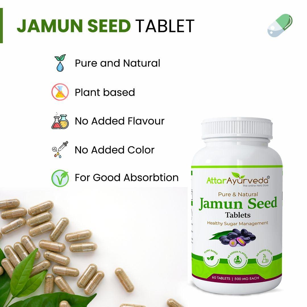 ATTAR AYURVEDA Attar Ayurveda Jamun Seed Extract tablet 500mg, 60 tablets | Beneficial in controlling Blood Sugar Levels, Boosting Digestion, Blood purification and Detoxification (Pack of 1)