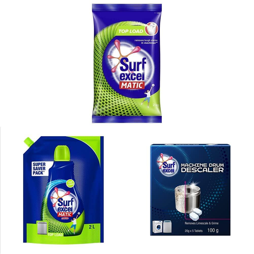 Surf Excel Surf Excel Matic Top Load Detergent Washing Powder 2 kg & Matic Top Load Liquid Detergent 2 L Refill, & Washing Machine Descaler Drum For Fully Automatic Washing Machine, 100 g, White