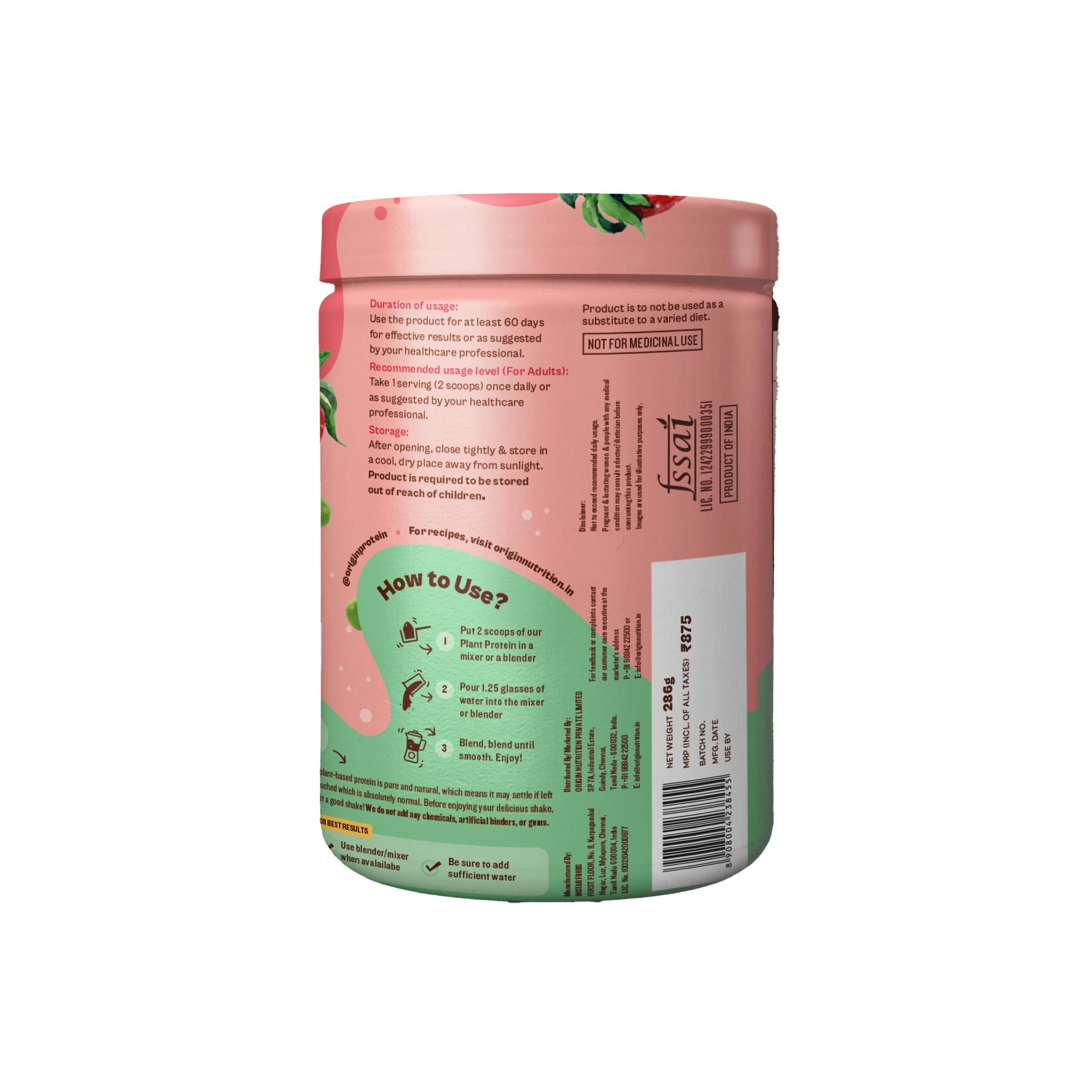 ORIGIN NUTRITION Origin Nutrition 100% Plant Protein Powder, Strawberry Flavour with 25g Plant Based Protein, Gluten Free, Dairy Free, No Added Sugar, Soy Free, Non - GMO, 7 Servings, 286g
