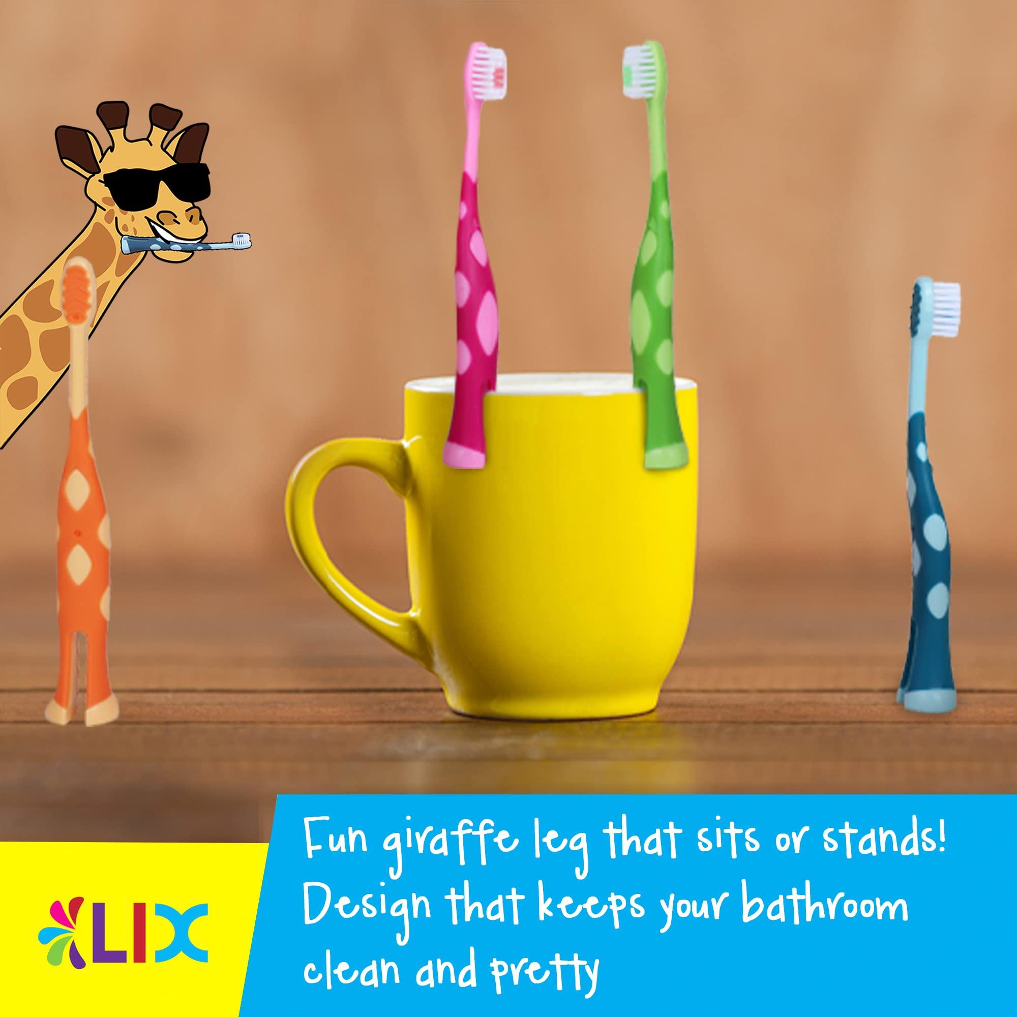 55Dental 55Dental Kids Toothbrush Set of 8 Soft Giraffe Toothbrush for Kids 3-12. Easy-Grip, Bristle Cover, Self-Standing & Splited Bottom for Cup Rim. by Lix, 4 Colors