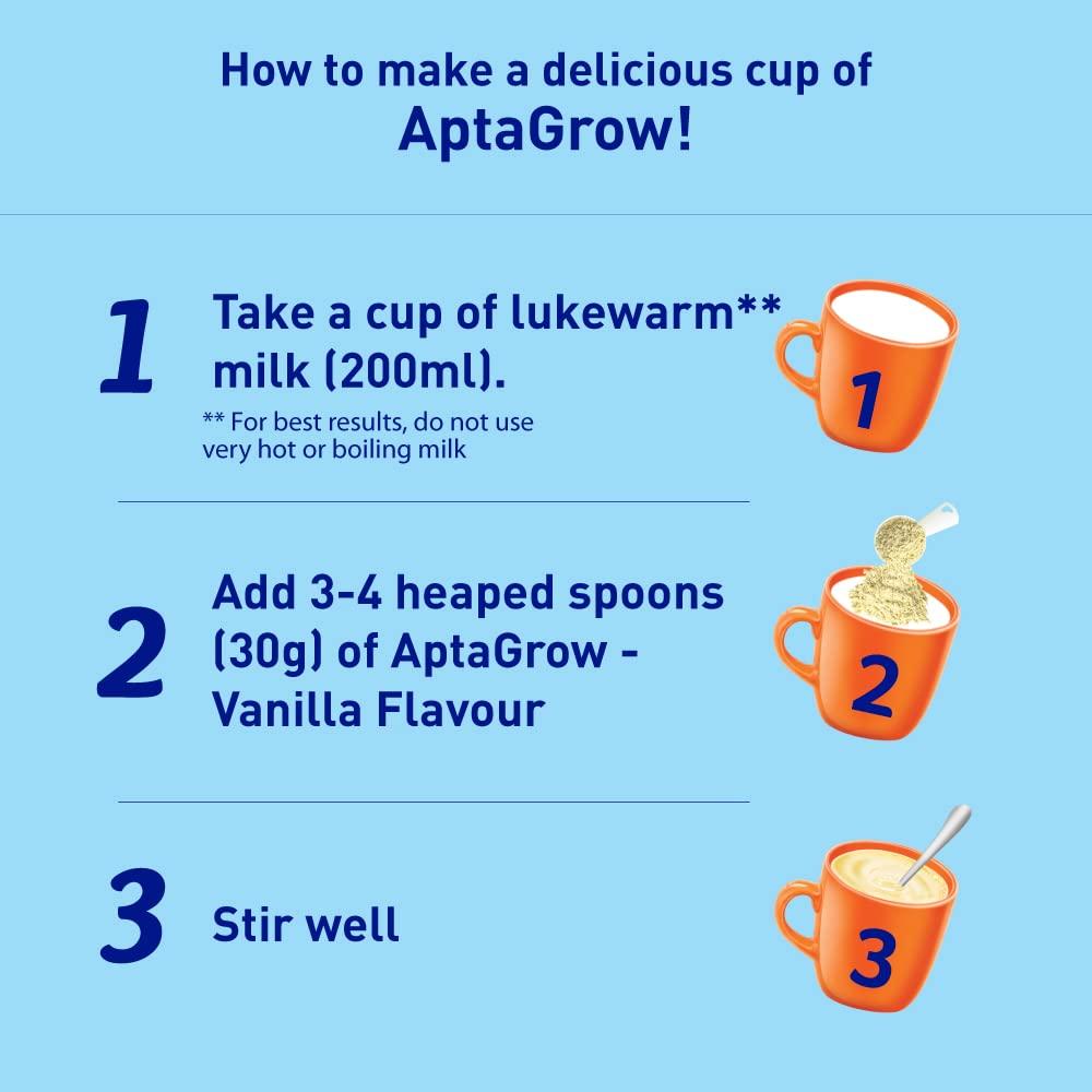 AptaGrow AptaGrow Milk Drink Powder for Kid s Height Gain, Immunity & Brain Development, Nutritious & Tasty Vanilla Flavor, 400g | 37 Nutrients | Prebiotics | Low Fat | Veg | Pack of 2