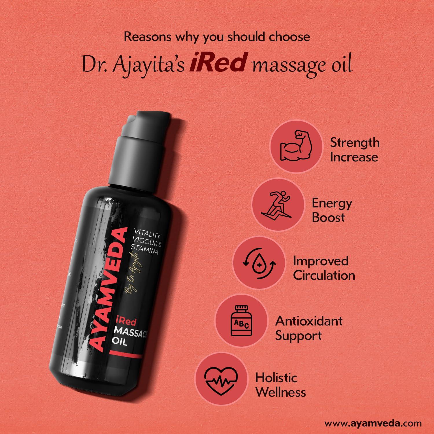 AyamVeda AyamVeda by Dr.Ajayita - iRed Massage Oil For Men with 60+ Premium herbs like Ashwagandha I Strength and Stamina Destroyer of Weakness (60 Days Pack) For External Use Only | No Side Effects