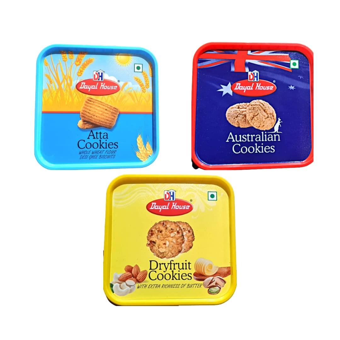 Dayal House Dayal House Premium Biscuits Combo of Desi Cow Ghee Atta, Australian, and dry fruites Cookies set With Extra Richness of Butter - Pack of 3 Cookies