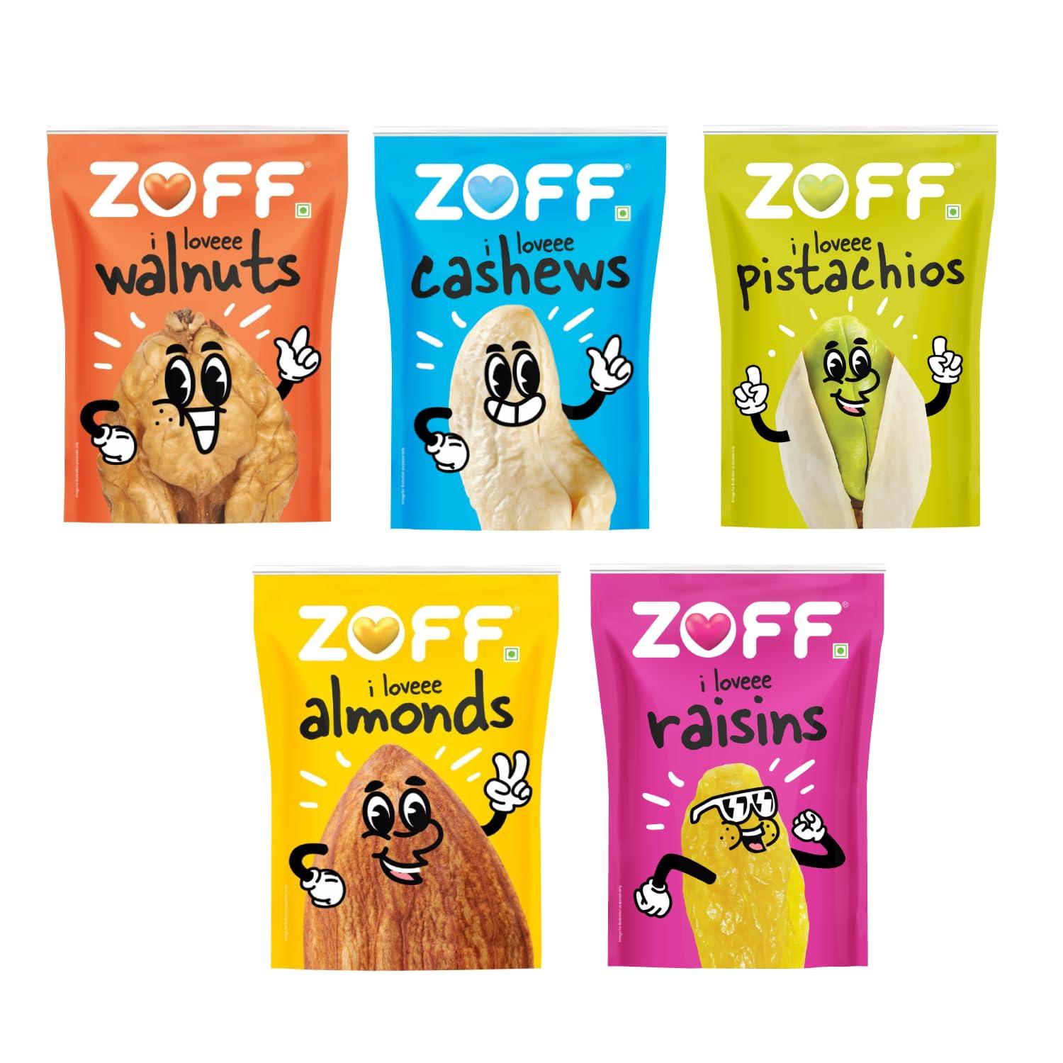 Zoff Zoff Premium Daily Needs Mixed Dry Fruits Combo - Almonds, Cashews, Raisins, Roasted Pistachios, & Walnut Halves 250g Each | Premium Zip Lock Pouch | Net weight - 1.25Kg