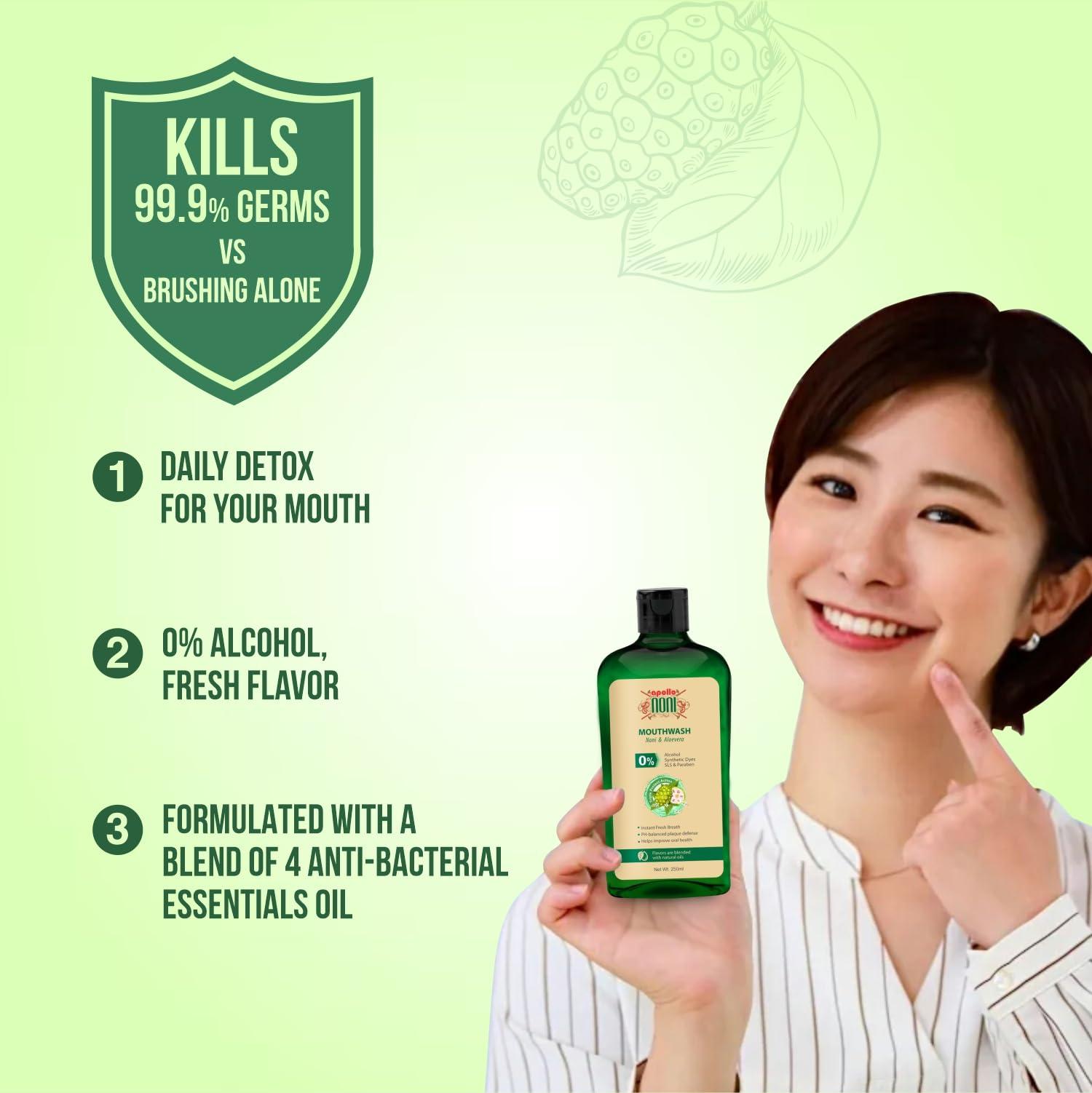 apollo NONI Apollo Noni Noni Toothpaste for Teeth Whitening & Cavity Protection (150g) and Mouthwash Liquid 0% Alochol For Teeth Cleaning, Antibacterial Mouthwash for Bad Breath | Removes Germ | 250ml