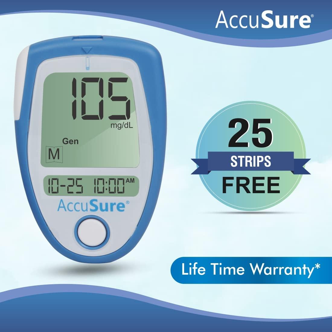 AccuSure AccuSure Instant Digital Blood Glucose Glucometer Kit Combo Value-Pack (25 Test Strips + 10 Lancets + 1 Lancing device) with Extra pack of 25 strips |Blood Glucose Testing Meter.