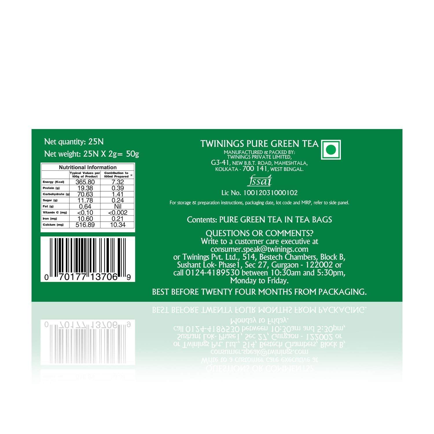 Twinings Twinings Pure Green Tea, 25 Teabags, Green Tea, Perfectly Balanced & Refreshing., 50 Grams