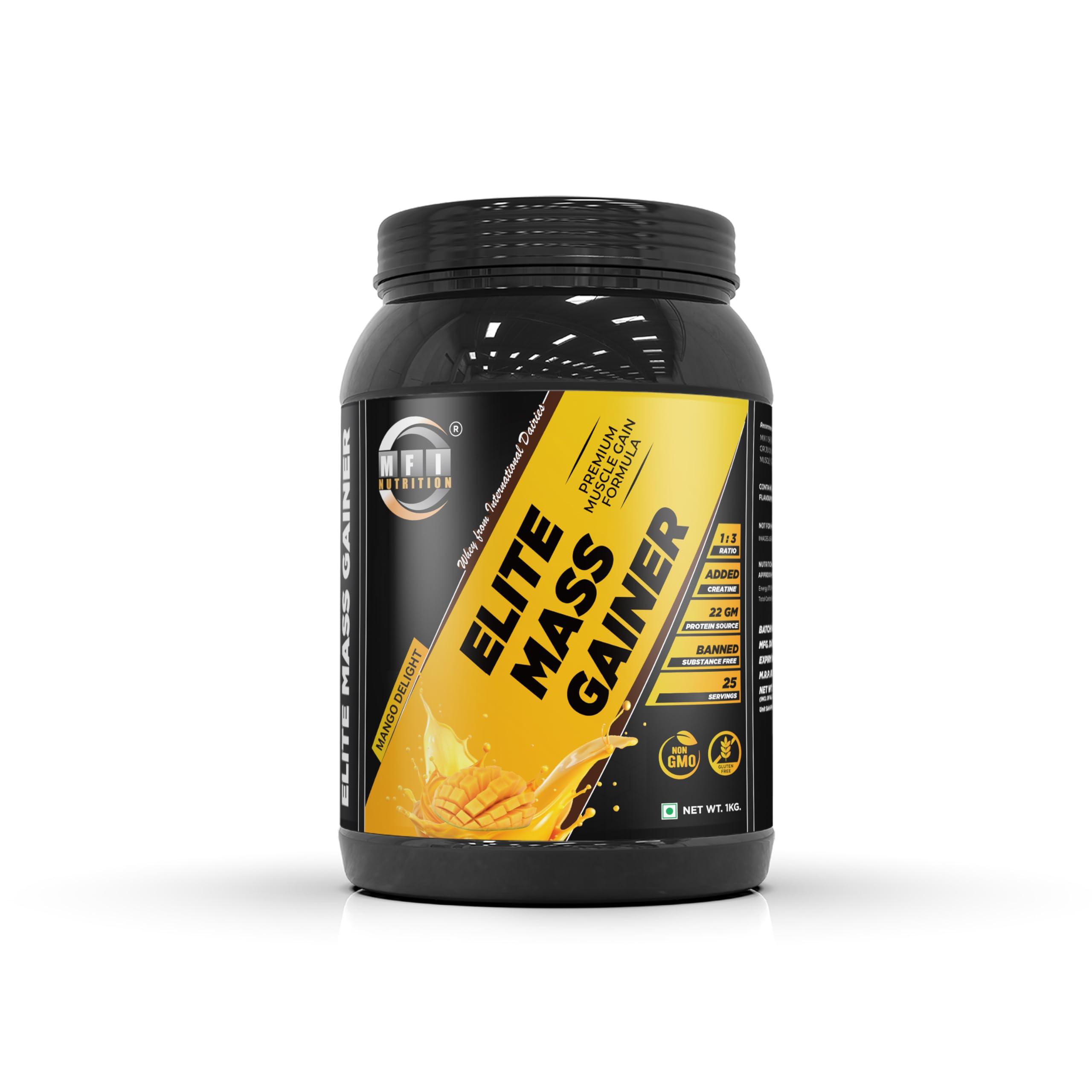 MFI NUTRITION MFI NUTRITION Elite Mass Gainer | 25 Servings | Ratio 1:3 Carbs to Protein | 22g Protein per Serving | Banned Substance Free | Ideal for Muscle Gain | Supports Recovery (1 KG, Mango Delight)