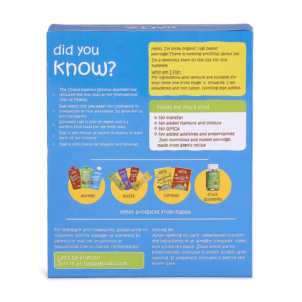HAPPA Happa Organic Baby Food Sprouted Ragi, Mango and Banana Cereal Mix Porridge | Calcium Booster - Bone Strength | 100% Natural, Organic Khichdi | No Added Salt, Sugar or Milk | No preservatives | 200gm