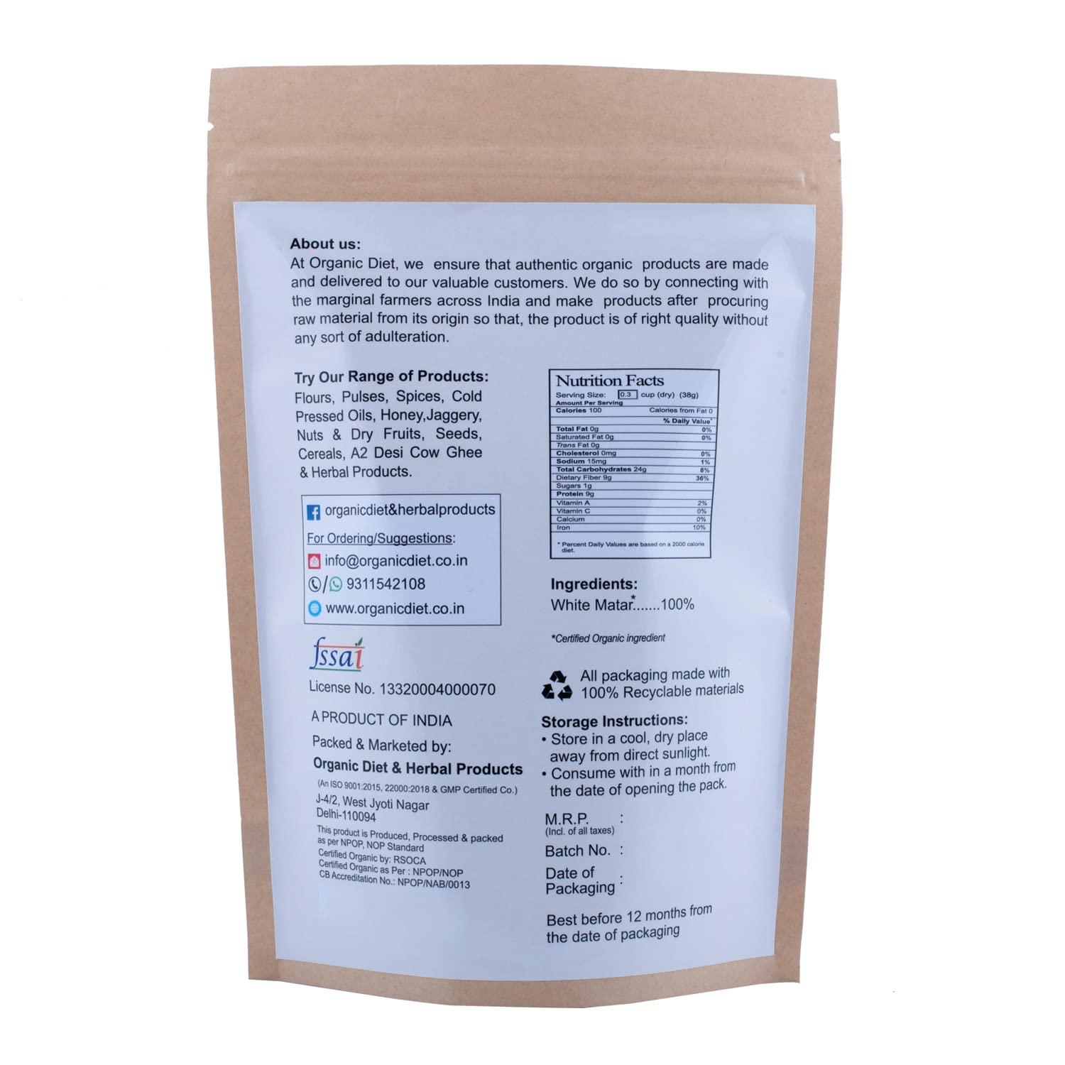 Organic Diet - Natural is Always Better Organic Diet Fresh & Pure Organic White Peas (Safed Matar | Sukhe matar | Dry matar) Whole and Unpolished Pulses High Protein Nutritious, 500 gm (Pack of 1)