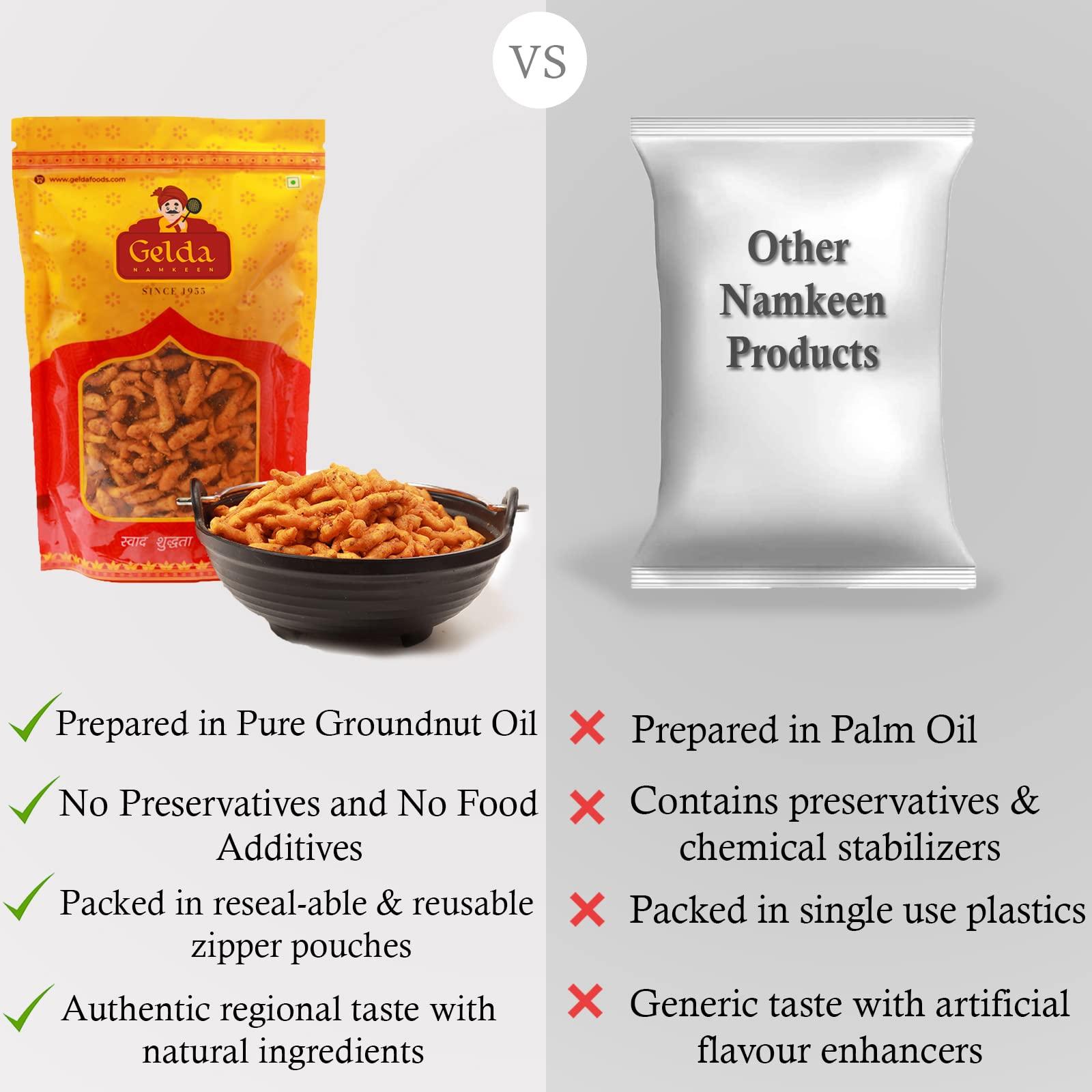 Gelda Namkeen Gelda Namkeen - Kadak Teekha Bhujia (Crorepati Sev), Spicy Namkeen, Authentic Regional Taste of Indore, Party Snack - 500gm
