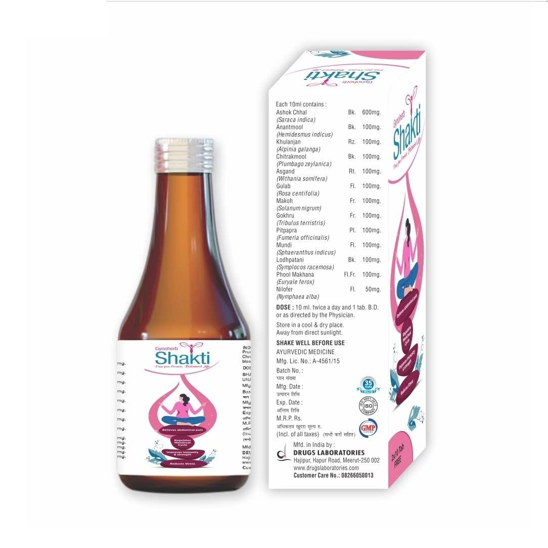Drugs Laboratories Gynoherb Shakti Syrup |Relief From Period Cramps| Regularize Period Cycle| For All Period Problems| Syrup For Irregular Periods and Period Cramps|Gynoherb Shakti Tablets Free (2x10)| 200ml(Pack of 1)