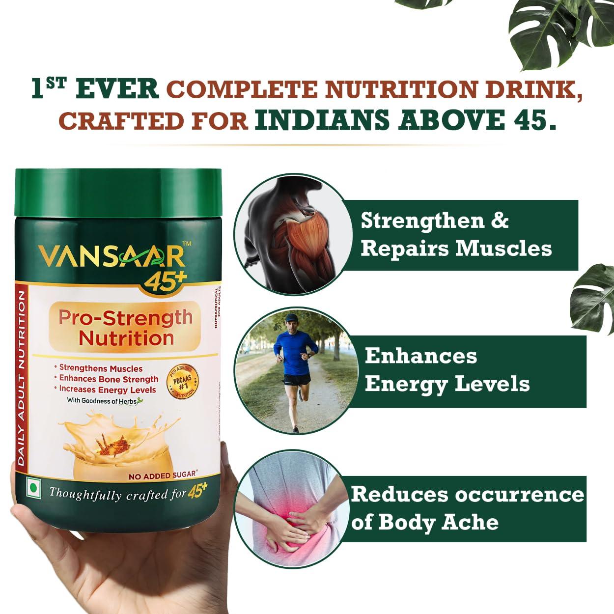 VANSAAR Vansaar 45+ Pro-Strength Complete Nutrition Drink 400g, Health Drink for 45+ Men & Women with potent herbs like Ashwagandha & Hadjod, Highest absorption Protein & Vitamins to Strengthen Muscle