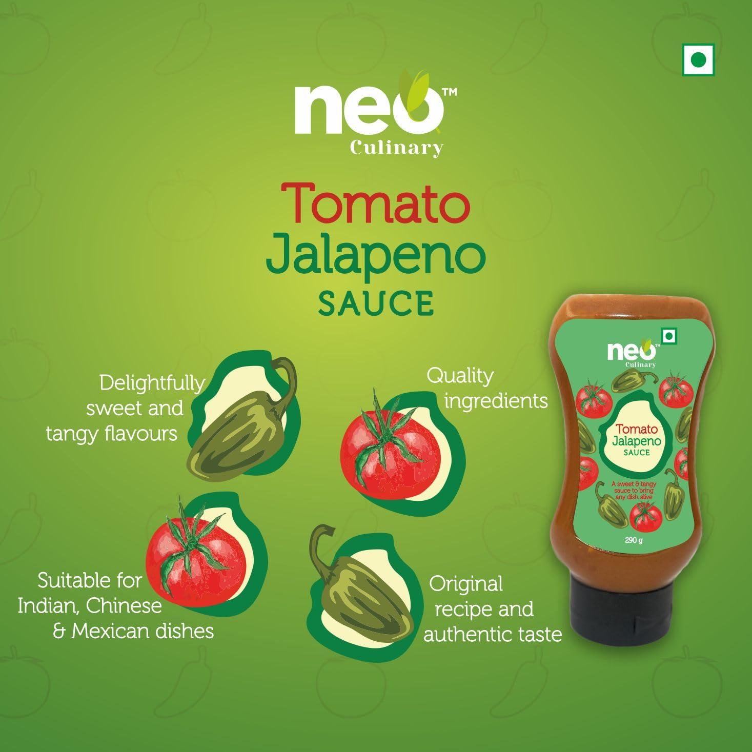 Neo Neo Tomato Jalapeno Sauce 290g I 100% Vegan I Gluten Free I Use as Dip Spread Marinade Sauce I Topping and Dip for Snacks, Spicy Sauce I Enjoy as Spread for Sandwich and Vada Pav I Pack of 1