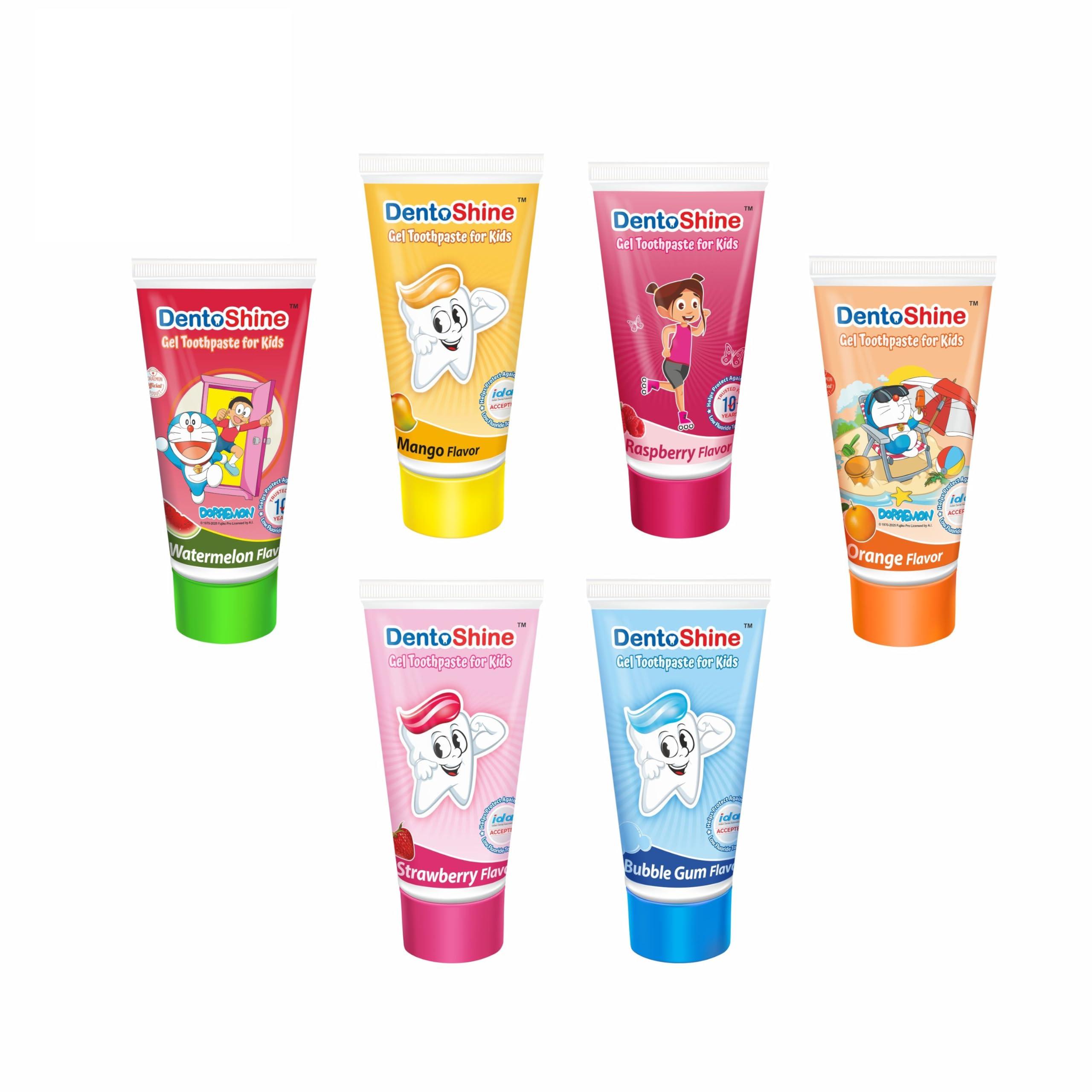 DentoShine DentoShine Gel Toothpaste for Kids - Assorted Flavors (Pack of 6) (Bubble Gum, Mango, Orange, Raspberry, Strawberry, Watermelon (80g each))