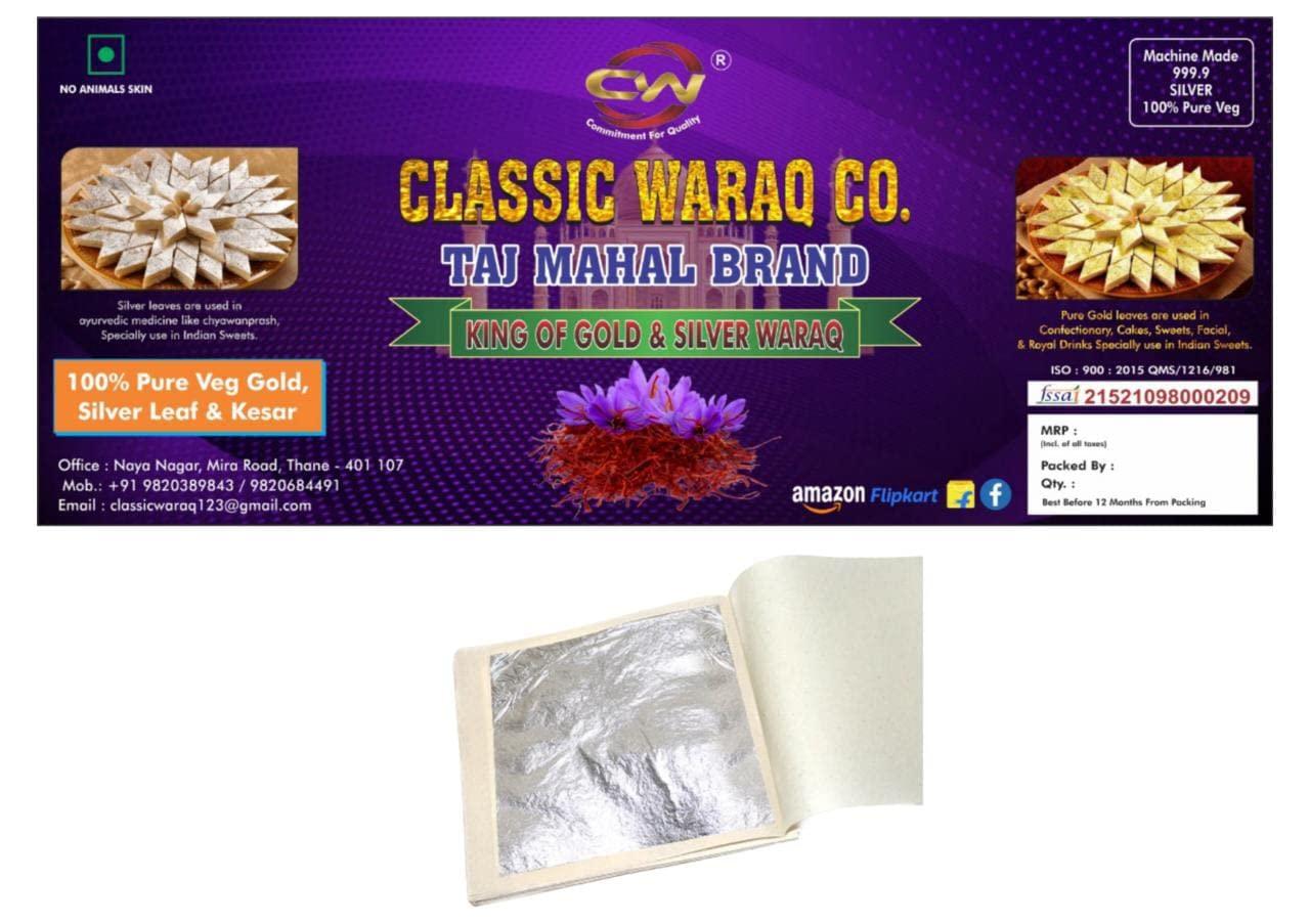 CLASSIC WARAQ CO. Edible Silver Leaf, Pure Chandi Varakh, 2.5\" by 2.5inch\" Edible Foil Gold Foil Paper for Facial, Cake Deco, Spa, Ice Cream, Desserts, Food (10)