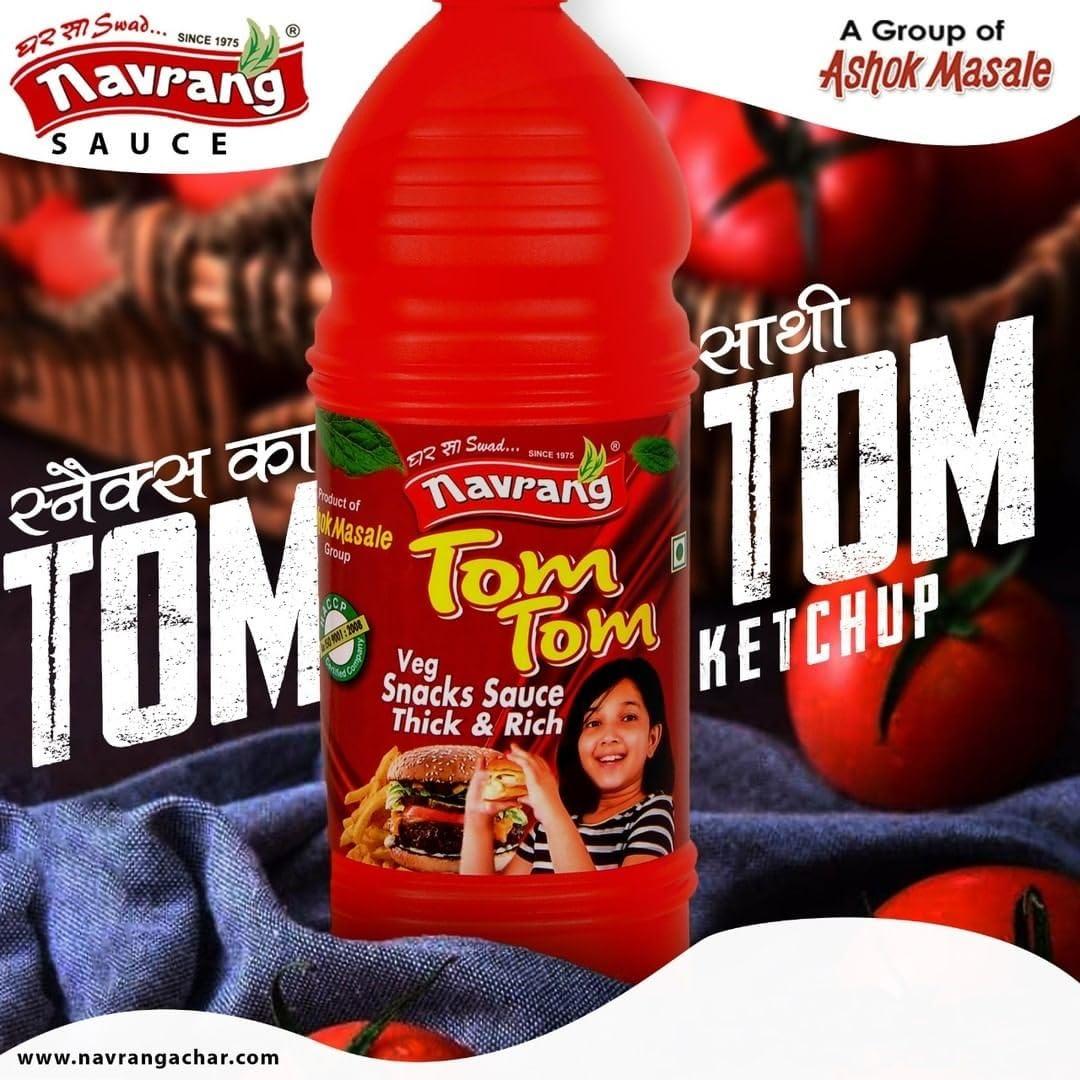 navrang Navrang Tom-Tom Tomato Sauce Spicy Hot Chutney Gourmet Veg Snacks, Gluten Free Fresh Sauce Bottle: 900gm