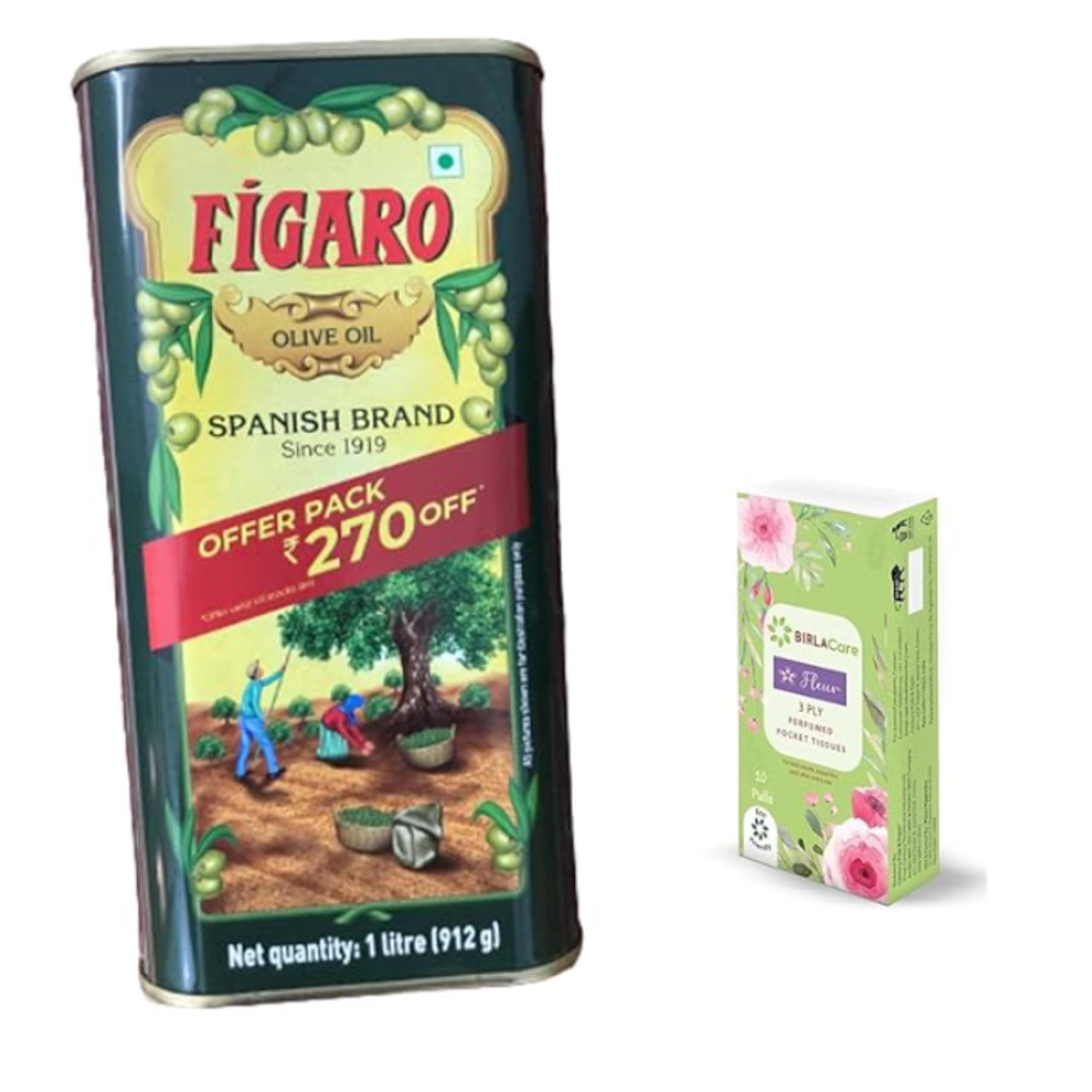 Figaro Figaro Olive Oil- Pure Olive Oil-1L Tin-Daily Cooking Oil-Offer Pack with 270 Off | Free Pocket Tissue Packet
