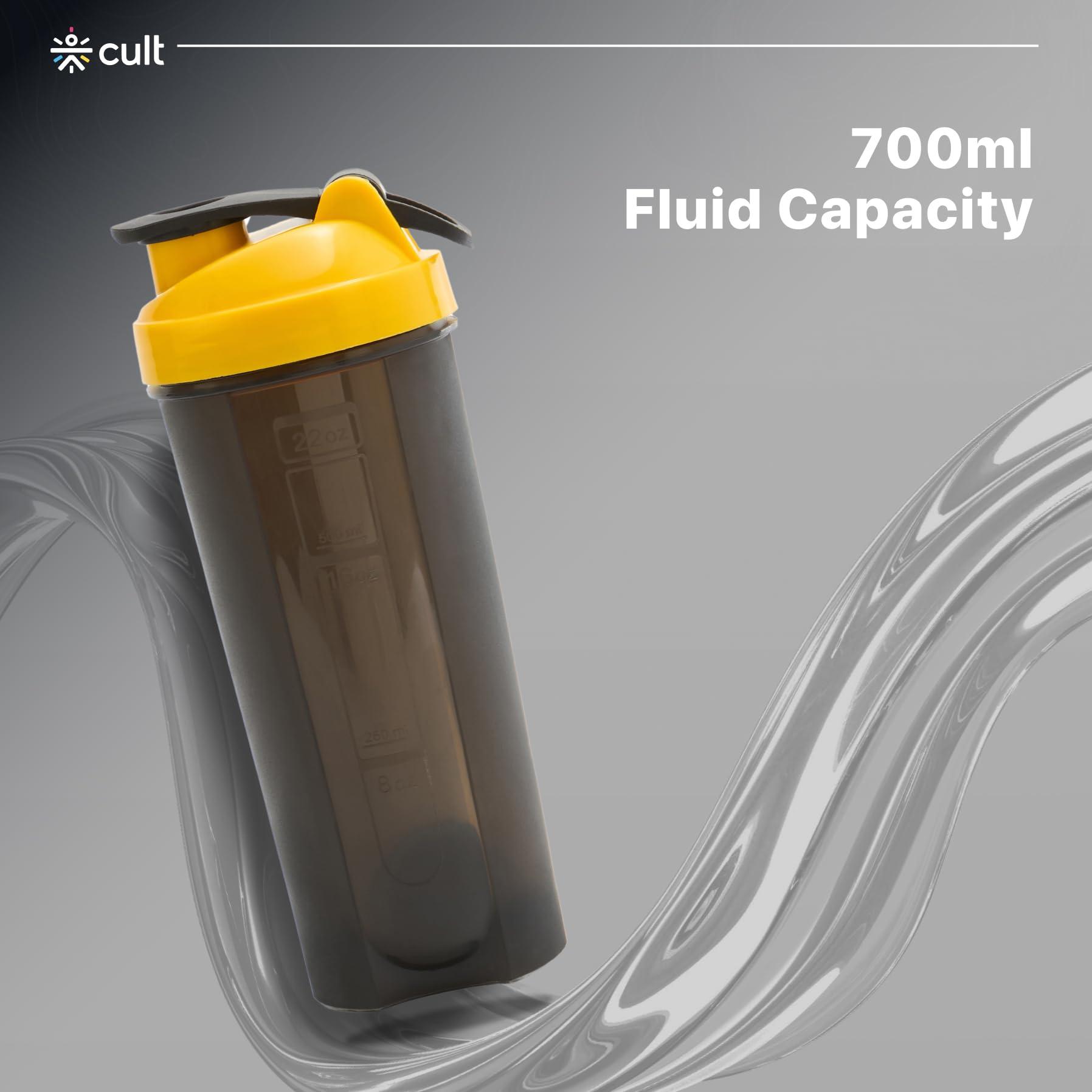 CULT CULT Gym Shaker Bottle | 700ml Shaker Bottle For Protein Shake | Leakproof | Protein Shaker Sipper Bottle | Ideal For Protein, Pre Workout And Gym | Shaker Bottle for Men & Women | Black Yellow