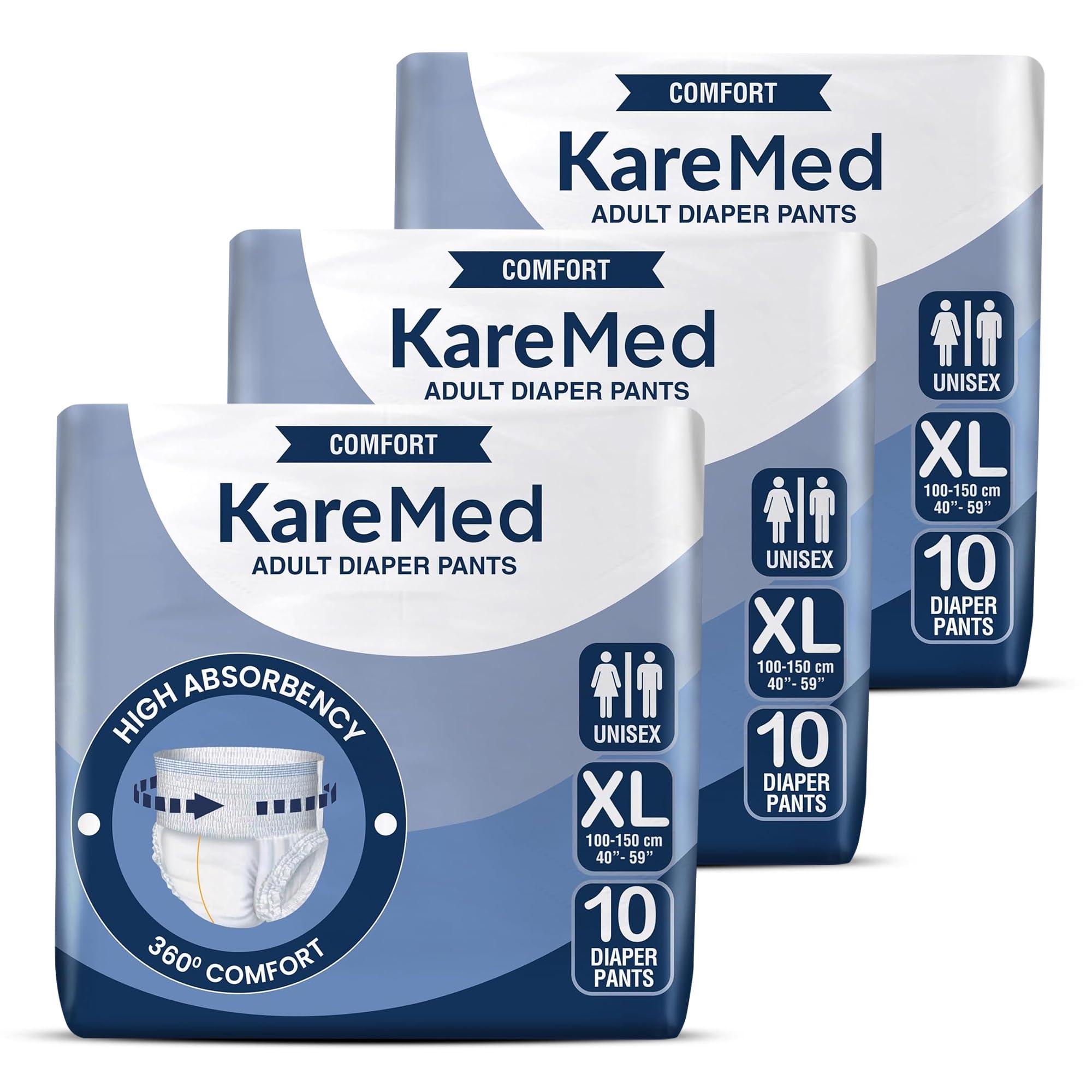 KareMed KareMed Comfort Adult Diaper Pants, Extra Large 100-150 Cm (40\"- 59\"), Unisex, Leakproof, Elastic Waist, Wetness Indicator, Pack of 3, 30 Count